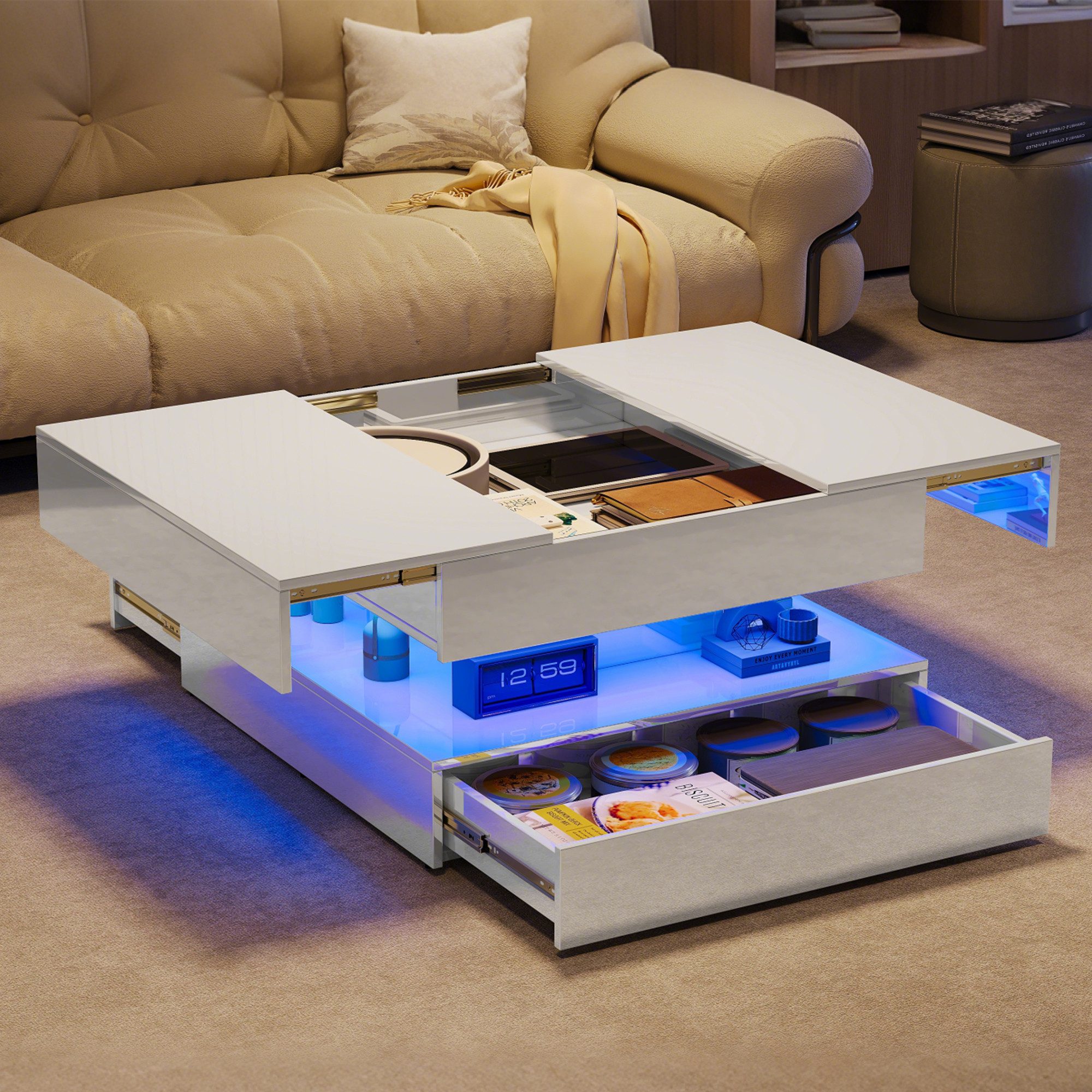 PXloue Couchtisch LED-Couchtisch mit Stauraum und modernem Design (Hochglän günstig online kaufen