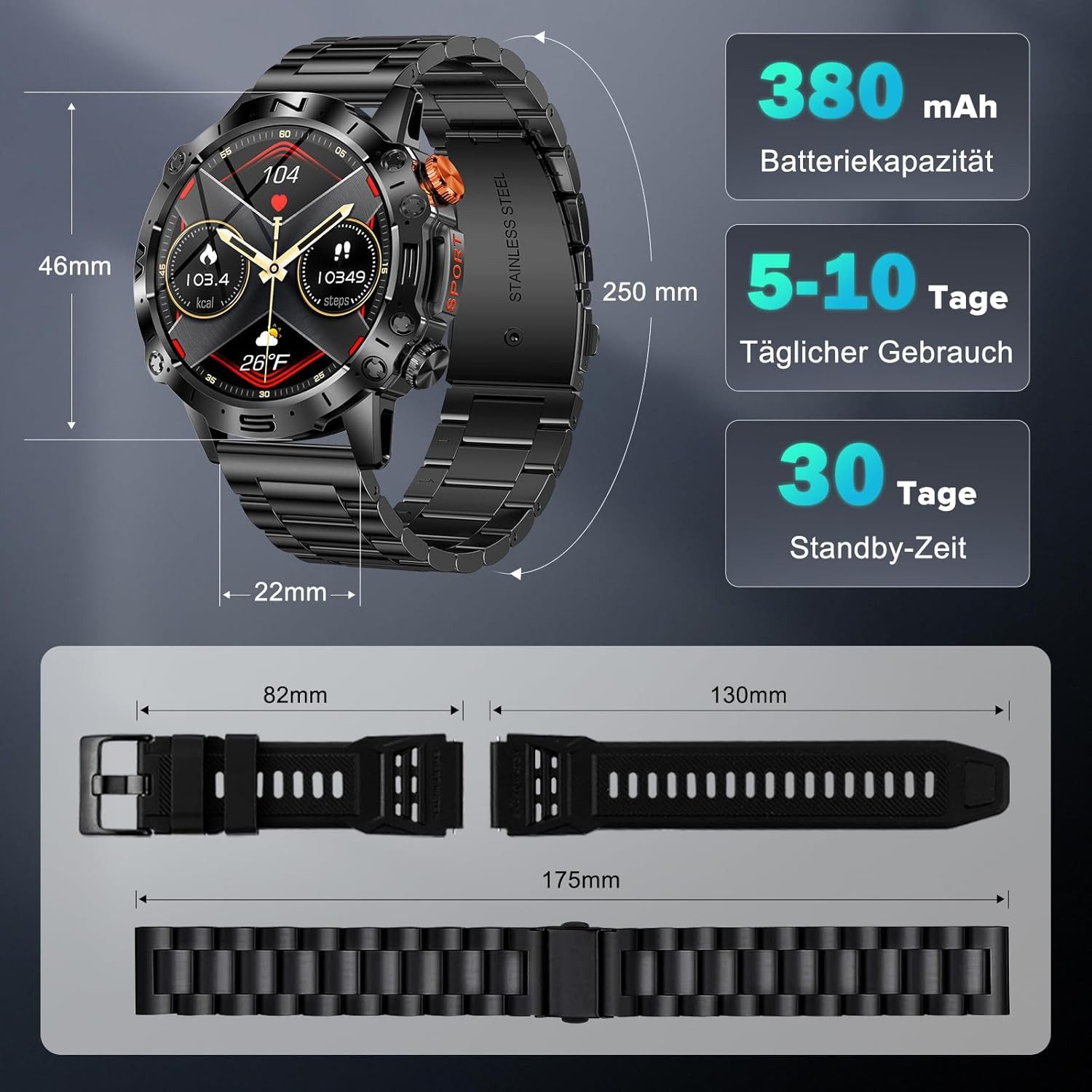 MEGALITH smartwatch men K59 Smartwatch (3,6 cm, android ios), Robuste Herren-Smartwatch mit AMOLED-Display und zwei Armbändern