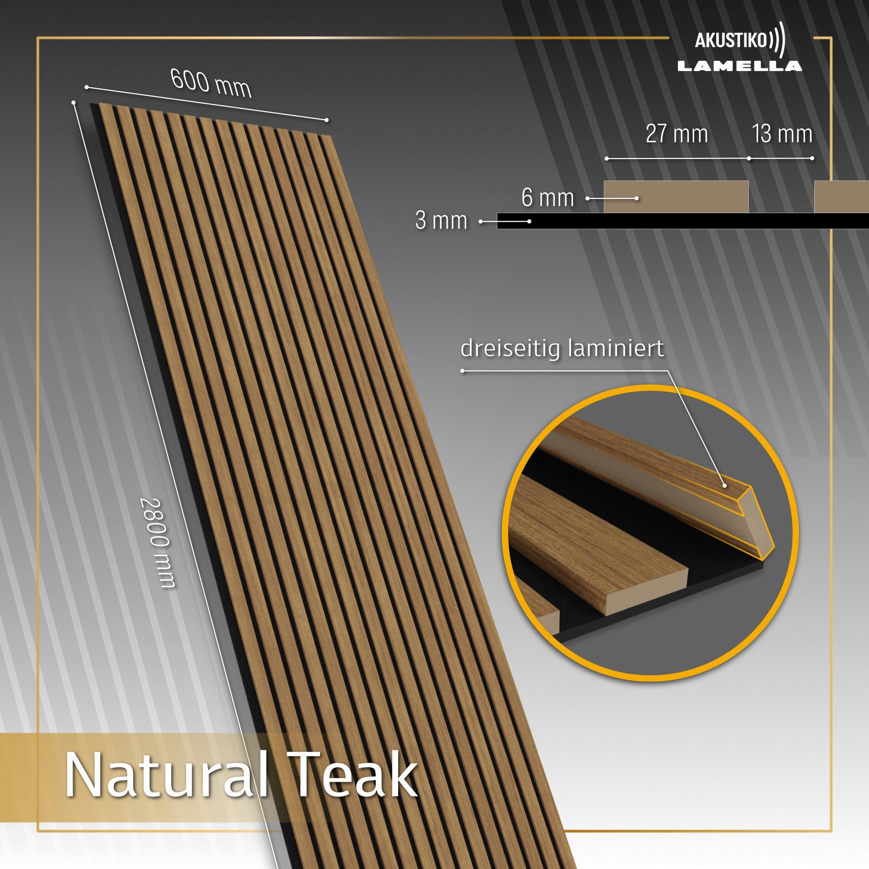 AKUSTIKO Wanddekoobjekt AK06 (Lamella Akustikpaneele 2 Stück 280x60cm - flexible Filz MDF Wandpaneele fugenlos - überlappende Holz Lamellenwand, Holzlamellen dünn - Akustik Wandverkleidung von HEXIM (3.36m² Natural Teak)