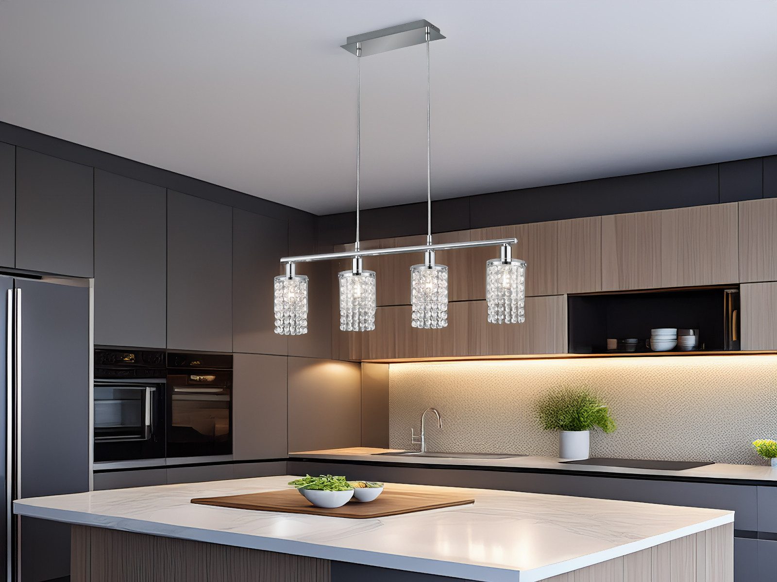 Reality Leuchten LED Pendelleuchte, Dimmfunktion, LED wechselbar, in 3 Stufen dimmbar über Lichtschalter, Warmweiß, ausgefallene mit Kristall-Behang hängend über-n Esstisch, B: 80cm