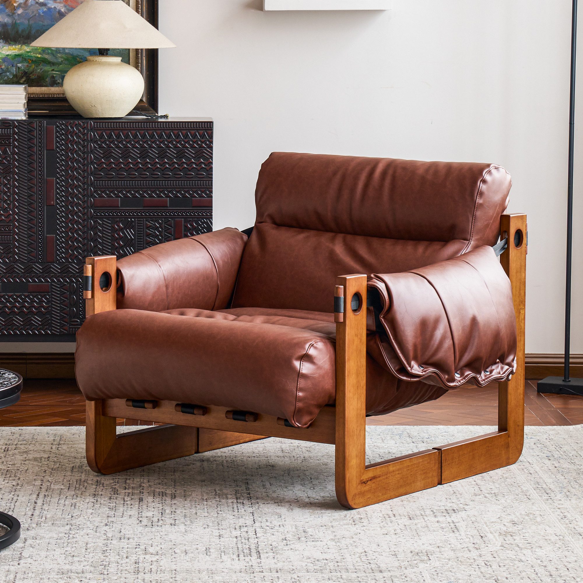 oleyluckidea Relaxsessel Vintage Braun PU-Leder mit Armlehnen Massivholzbeinen (Set, Einzelstück), Massivholzrahmen