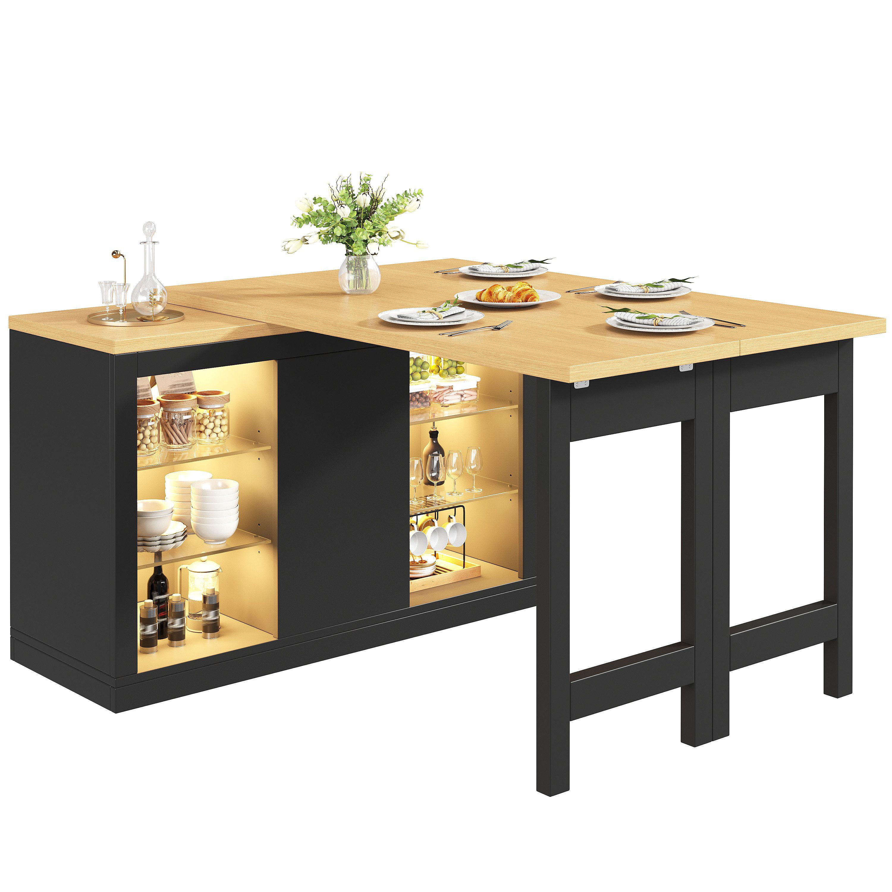 REDOM Bartisch Kücheninsel (mit App-steuerbarer RGB-LED, 360° drehbar, mit magnetischen Türen & Glas-Einlegeböden., 1-St., 120-197*40*72cm(L x B x H), mit Stauraum