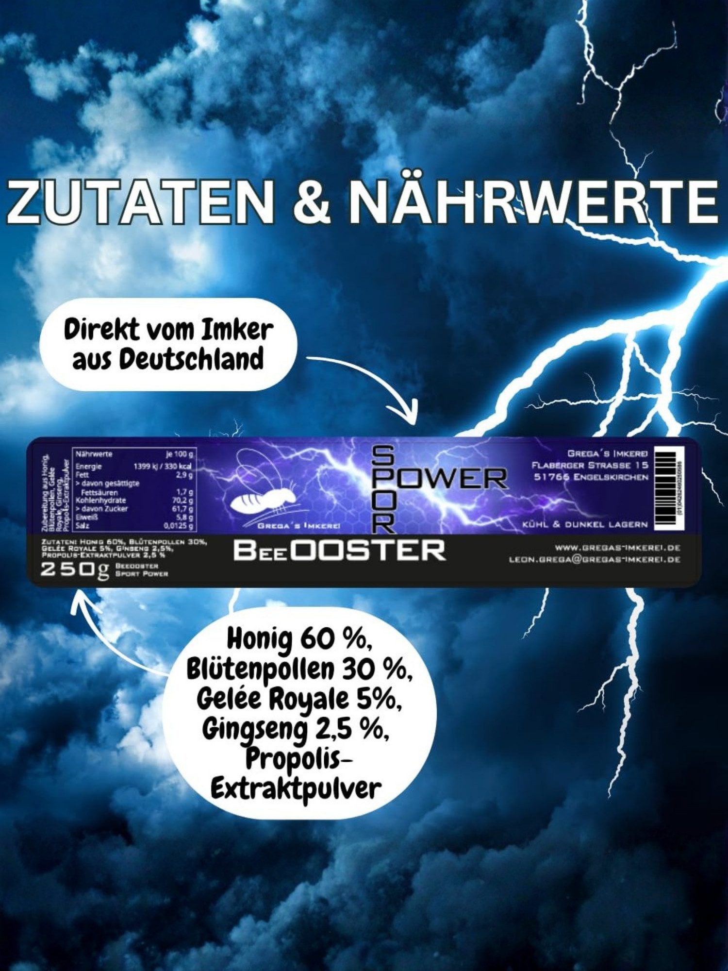 Grega´s Imkerei Honig BeeOOSTER Sport Power, 1 x 250 g, (im Glas die 5-fach Kraft aus Honig, Blütenpollen (30), Gelée Royale (5), Ginseng und Propolis), Handgemacht in NRW, laborgeprüft und ohne künstliche Zusätze.