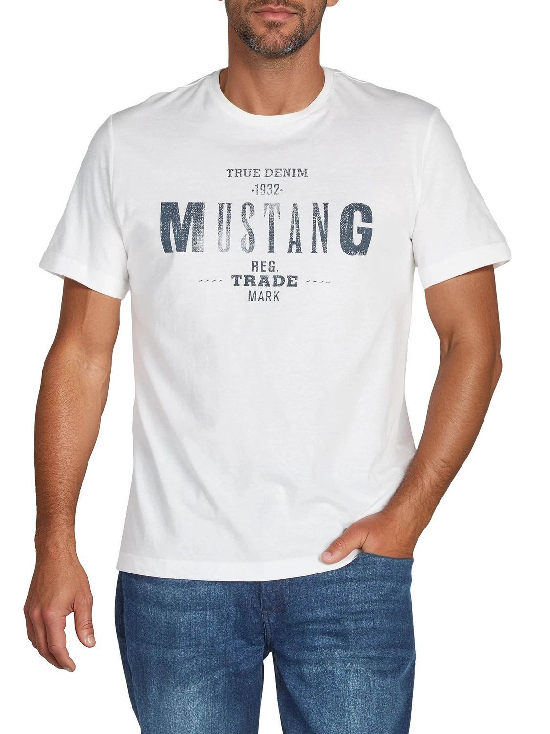 MUSTANG T-Shirt Herren Printshirt Regular Fit (1-tlg) Kurzarm Tee Shirt mit Rundhalsausschnitt aus 100% Baumwolle