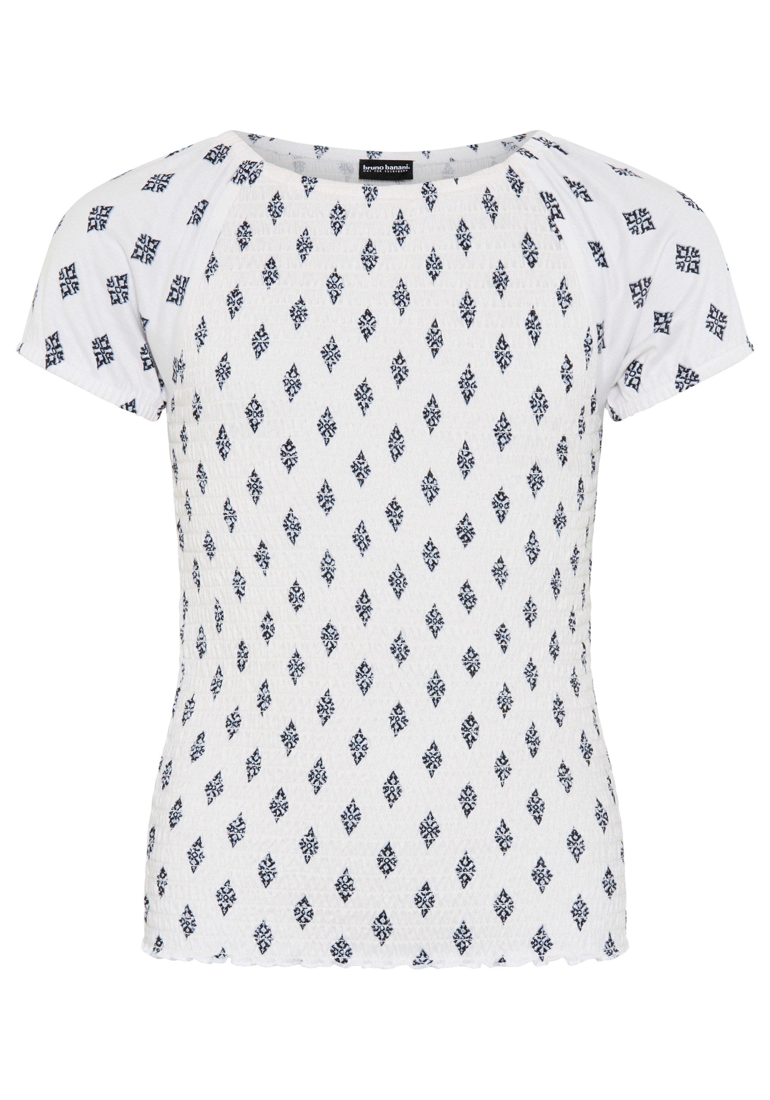 Bruno Banani T-Shirt Viskose-Allover gemustertes Shirt, Smoke Carmenshirt für Mädchen modischer Stil, Kurzarm, mit Carmenausschnitt, Allover-Druck – Bild 5 von 5