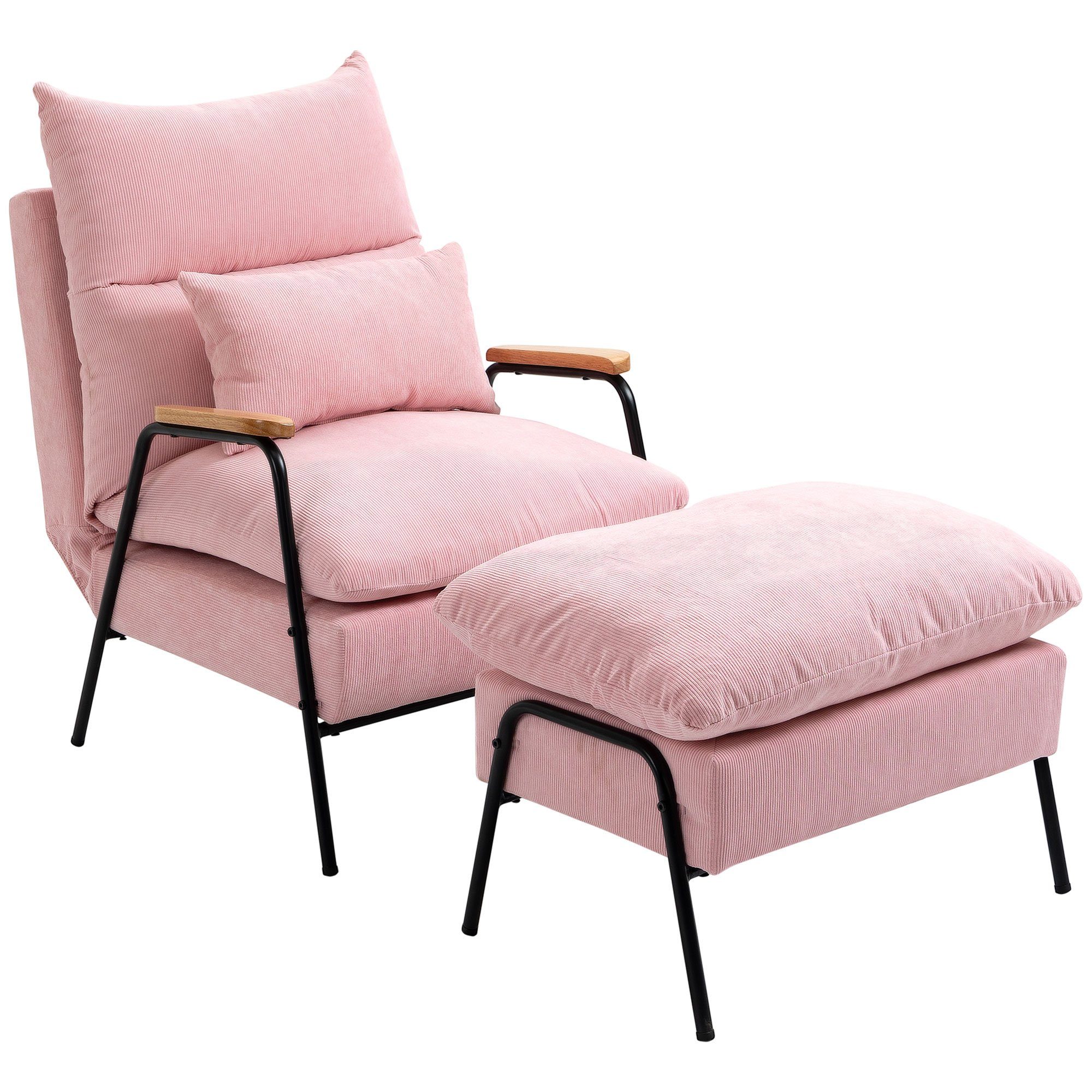 HOMCOM Relaxsessel inkl. Kissen, 68 cm x 91,5 cm x 88 cm, Rosa (Sessel mit Ottomane, 2-St., 1 Ohrensessel; 1 Hocker), Liegefläche 108