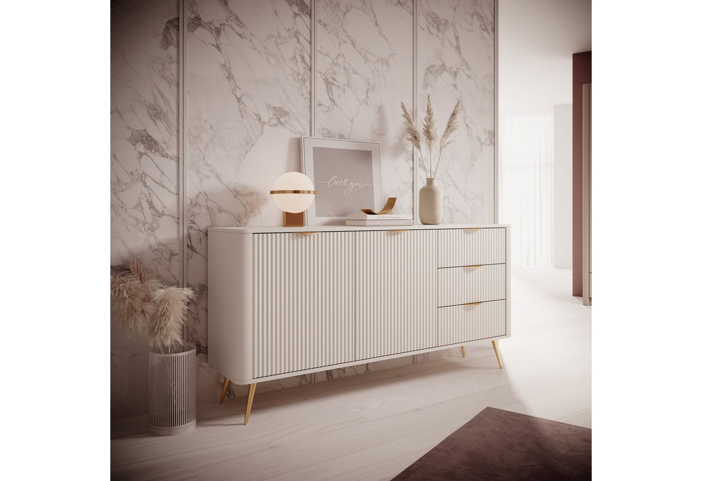 MOEBLO Kommode Pholx C 163 2D3S (Griffe und Beine aus Metall, geriffelte-Fronten, Sideboard Wohnzimmer Kommode Schlafzimmer Komodenschrank Highboard)