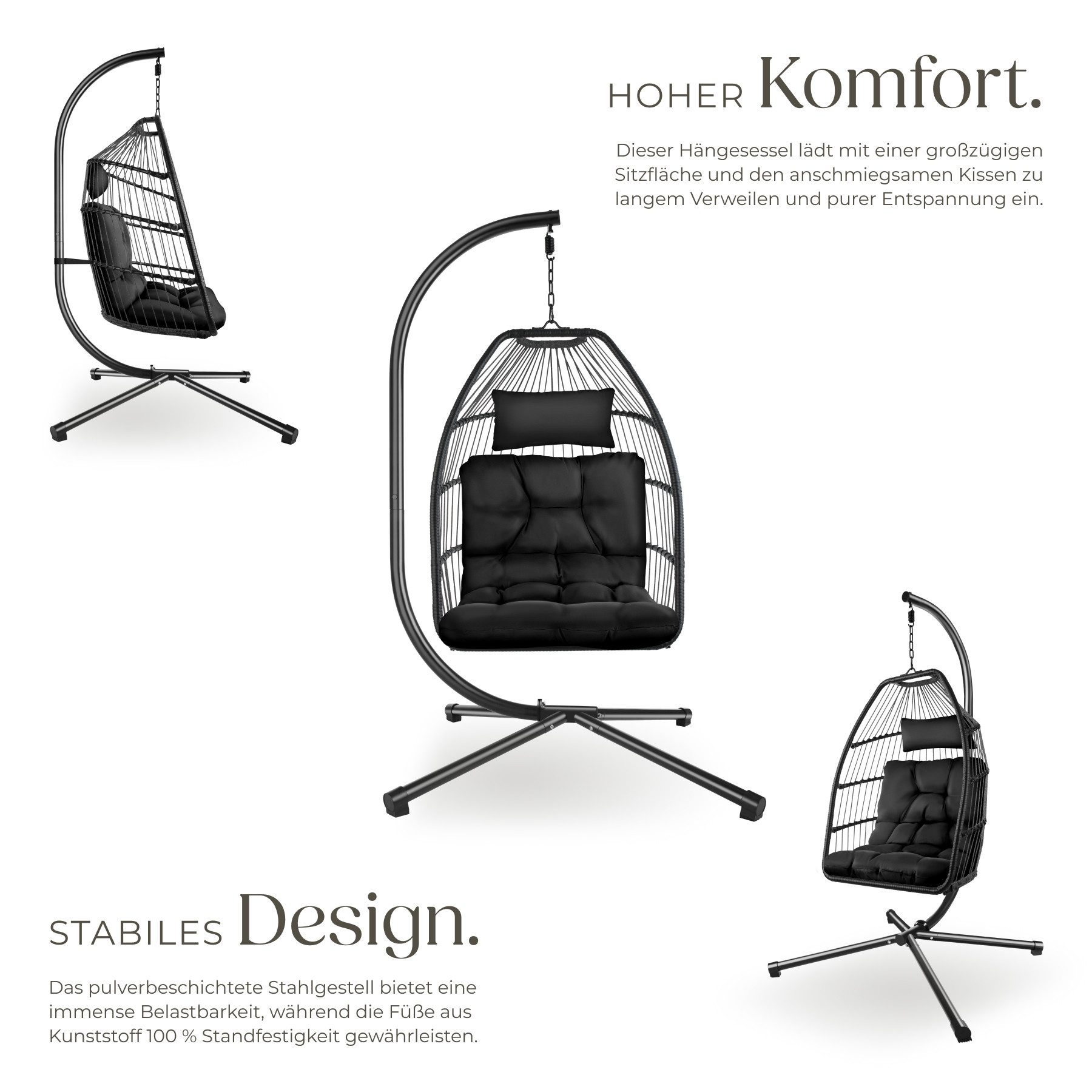 tectake Hängesessel Hängeschaukel mit extra dickem Sitz- und Kopfkissen, 98 x 107 x 202 (Hängestuhl Ariane, in Schwarz), bodenschonend und faltbar, Belastbarkeit 160 kg, inklusive Schutzhülle