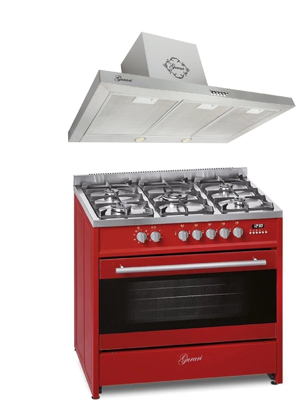 GURARI Gas-Standherd GCH E 911 R+GCH F 461 IS 9, Gas Elektro Standherd 90 cm/ Range Coocker + Dunstabzugshaube 90 cm