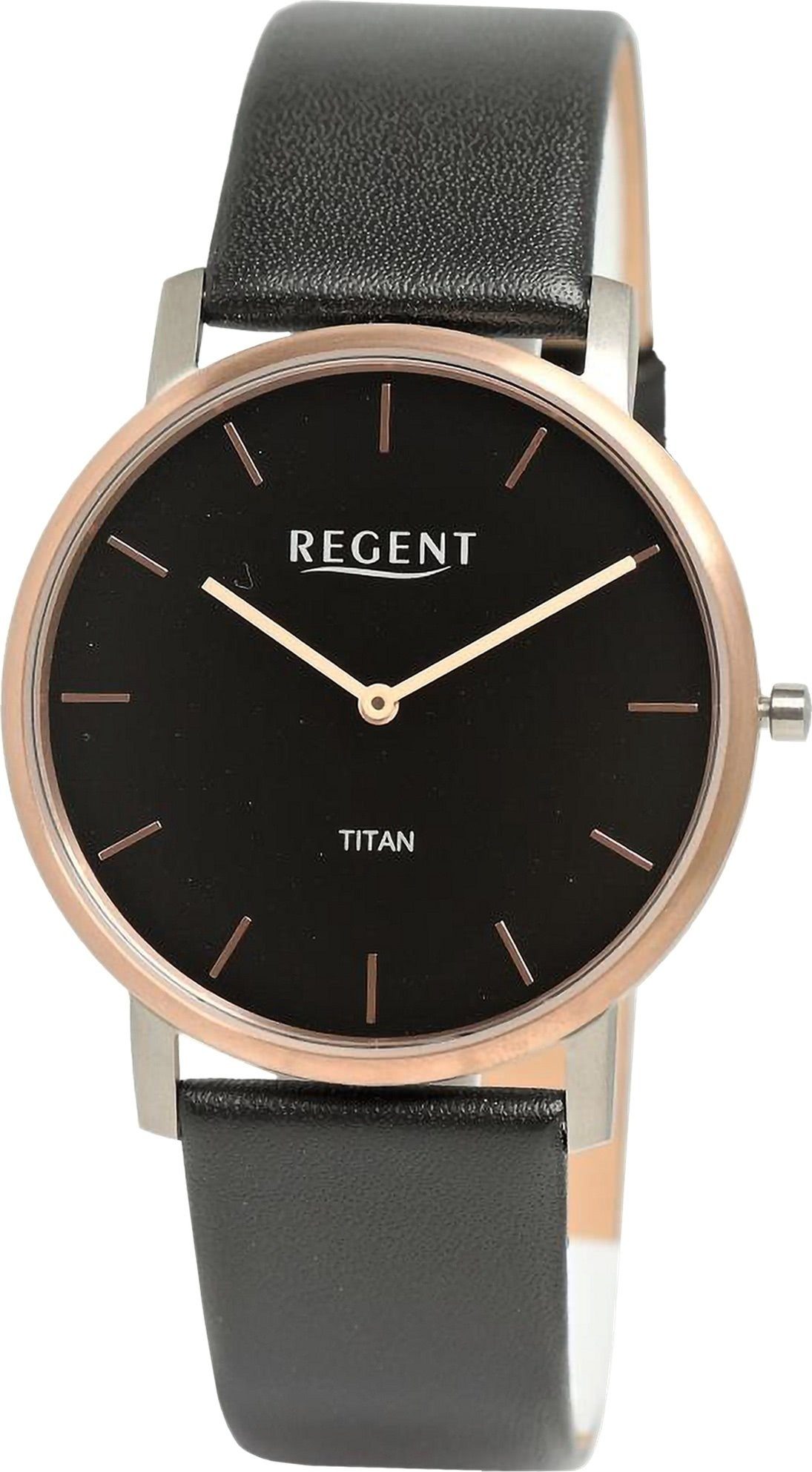 Herren Regent Regent extra Lederarmband, Titangehäuse Armbanduhr Quarzuhr groß rund, Analog, (ca. Armbanduhr 39mm), Herren