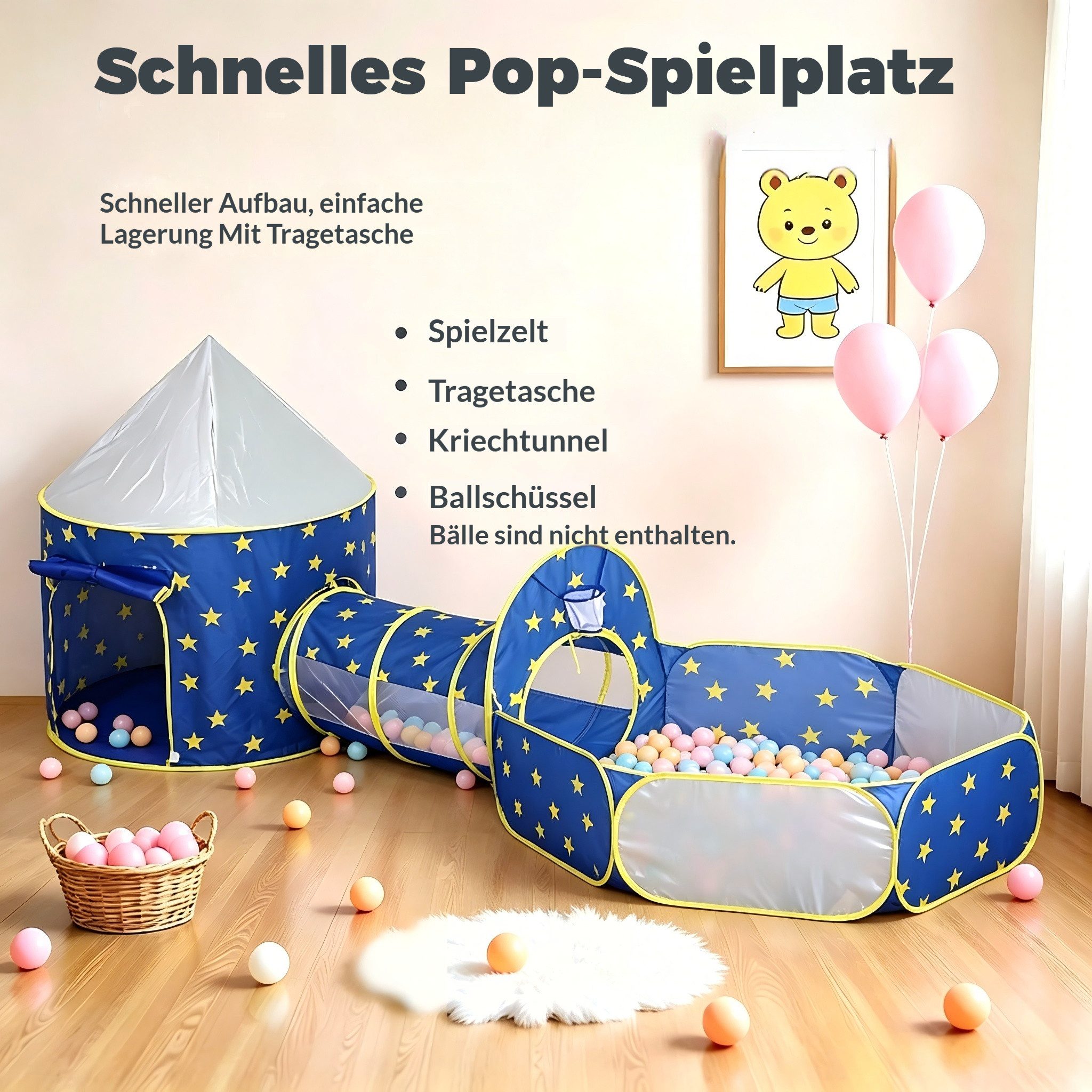 BlingBin Spielzelt 3-in-1-Kinderzelt mit Tunnel und Bällebad, Kinderzelt für drinnen (3er Set, 3-tlg., 295 × 120 × 130 cm) Spielhaus Indoor mit Aufbewahrungstasche Ohne Bälle