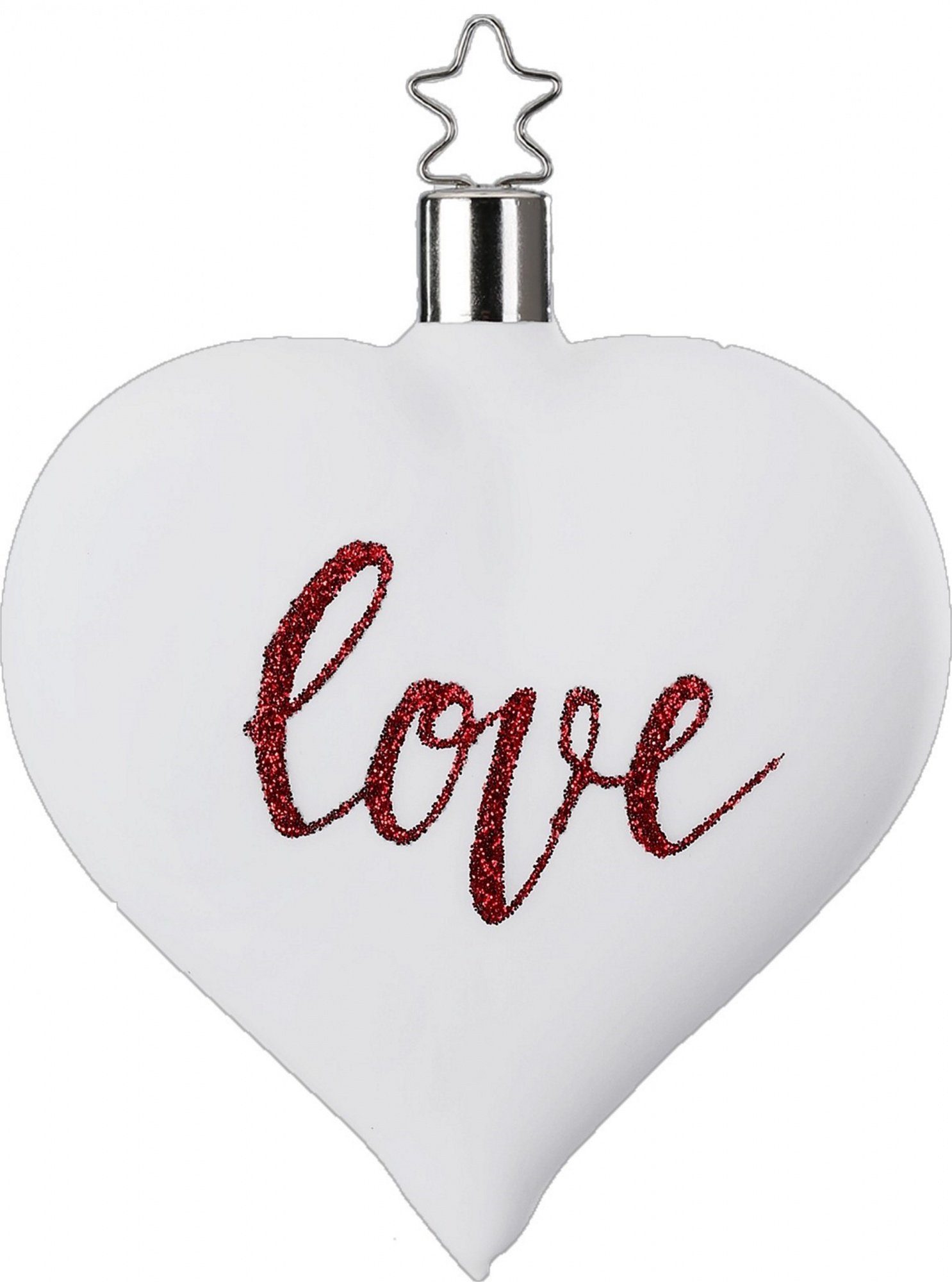INGE-GLAS® Christbaumschmuck Inge-Glas Herz-Anhänger "Love" matt mit roter Glitteraufschrift, Inge Glas Stenekrönchen