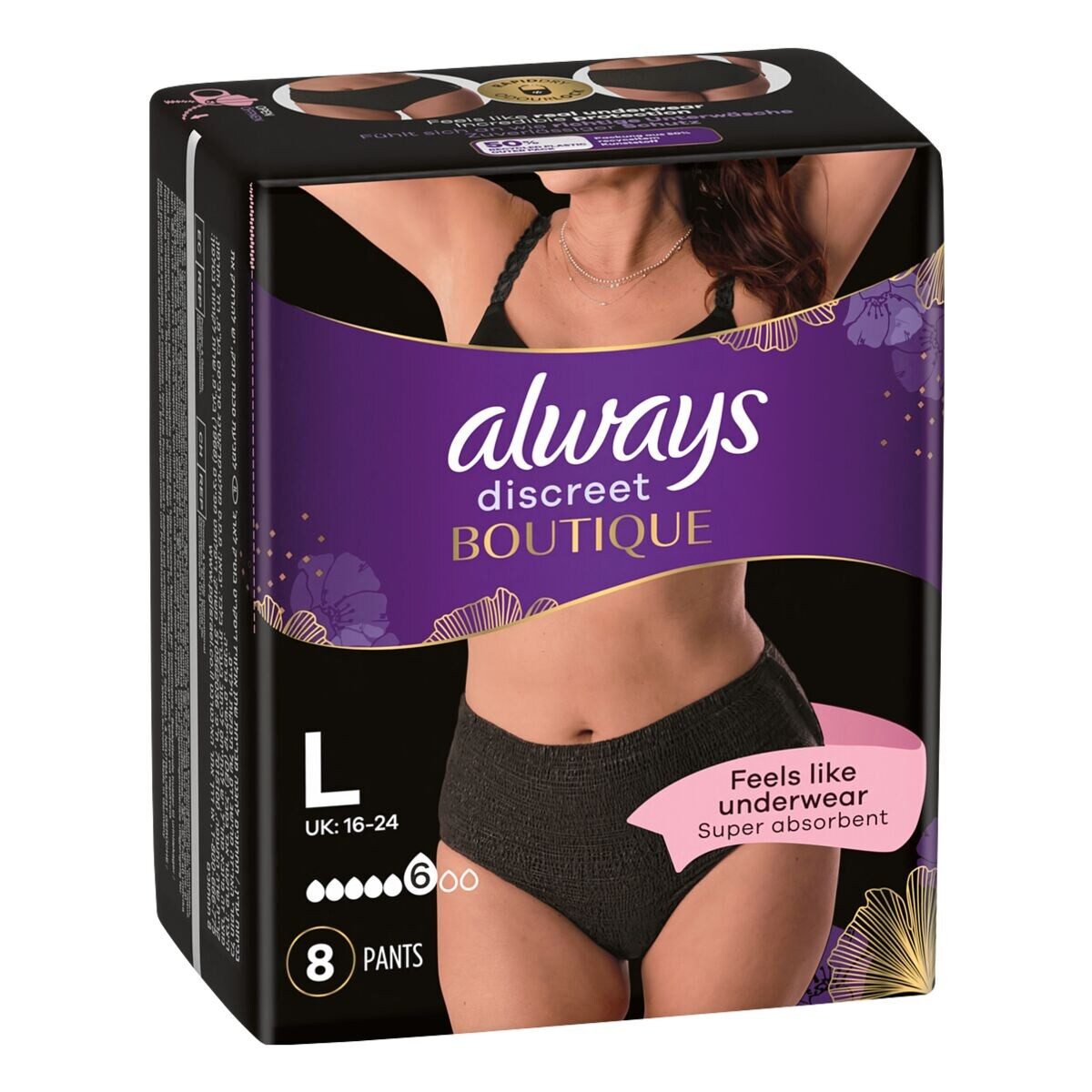 always Inkontinenz-Pants Discreet Boutique Schwarz, 6, 8-St., Gr. L, Saugstärke 6, starke Blasenschwäche