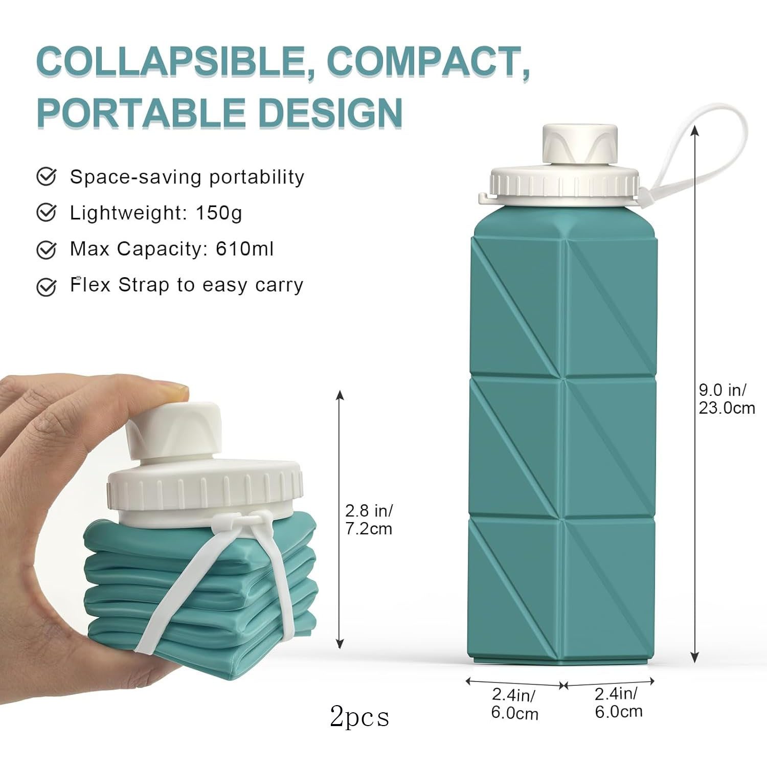 FELIXLEO Trinkflasche 2 PCS Faltbare Trinkflasche 610ml Silikon Wasserflasche Blau