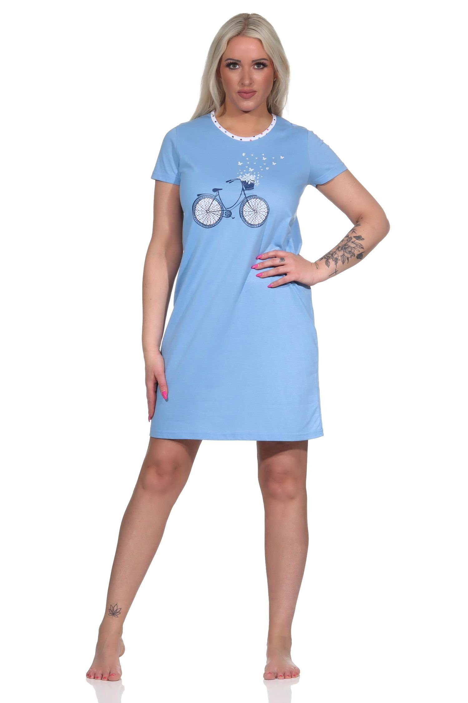 Normann Nachthemd Kurzes Damen Nachthemd Bigshirt mit Fahrrad-Motiv - 112 10 736 blau