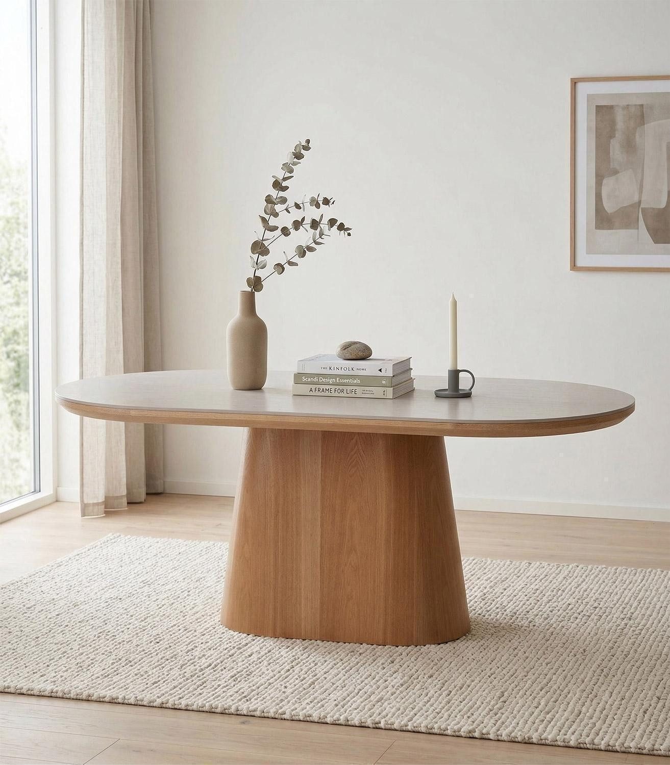 Home4You Esstisch B 180 x T 90 cm, Hellbraun, Weiß, MDF, (1-St), travertine Keramikplatte – Bild 2 von 5