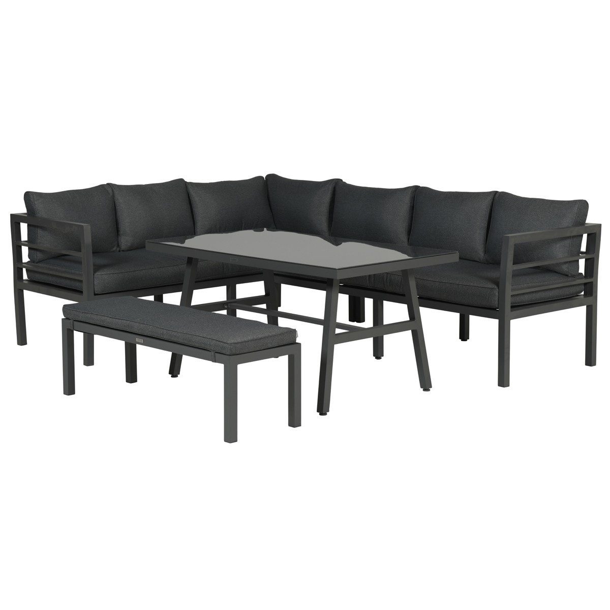Garden Impressions Gartenlounge-Set Lakes Alu Eck Lounge Dining Gartenmöbelset, (Spar-Set, 3-tlg., Ecklounge + Tisch in Dininghöhe + 2er Bank), pflegeleicht / wetterfest / mit Esstisch