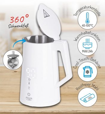 JUNG Wasserkocher ADLER AD1345W Wasserkocher mit Temperatureinstellung Digital kettle, 1,7 l, 2200,00 W, LED Touch Display Digital, 2200W, Edelstahl Kocher Cool Touch Kettle