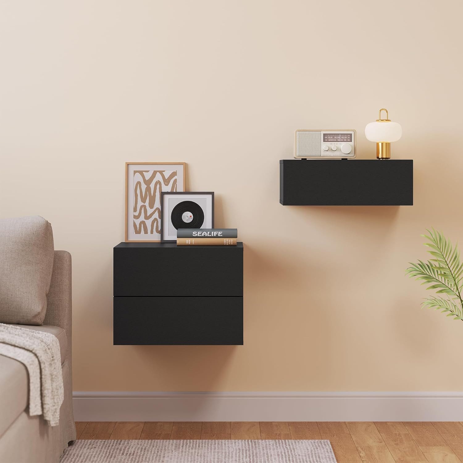 Woltu Nachttisch (2-St), hängend mit Schublade, Wandregal Schwarz für Schla günstig online kaufen