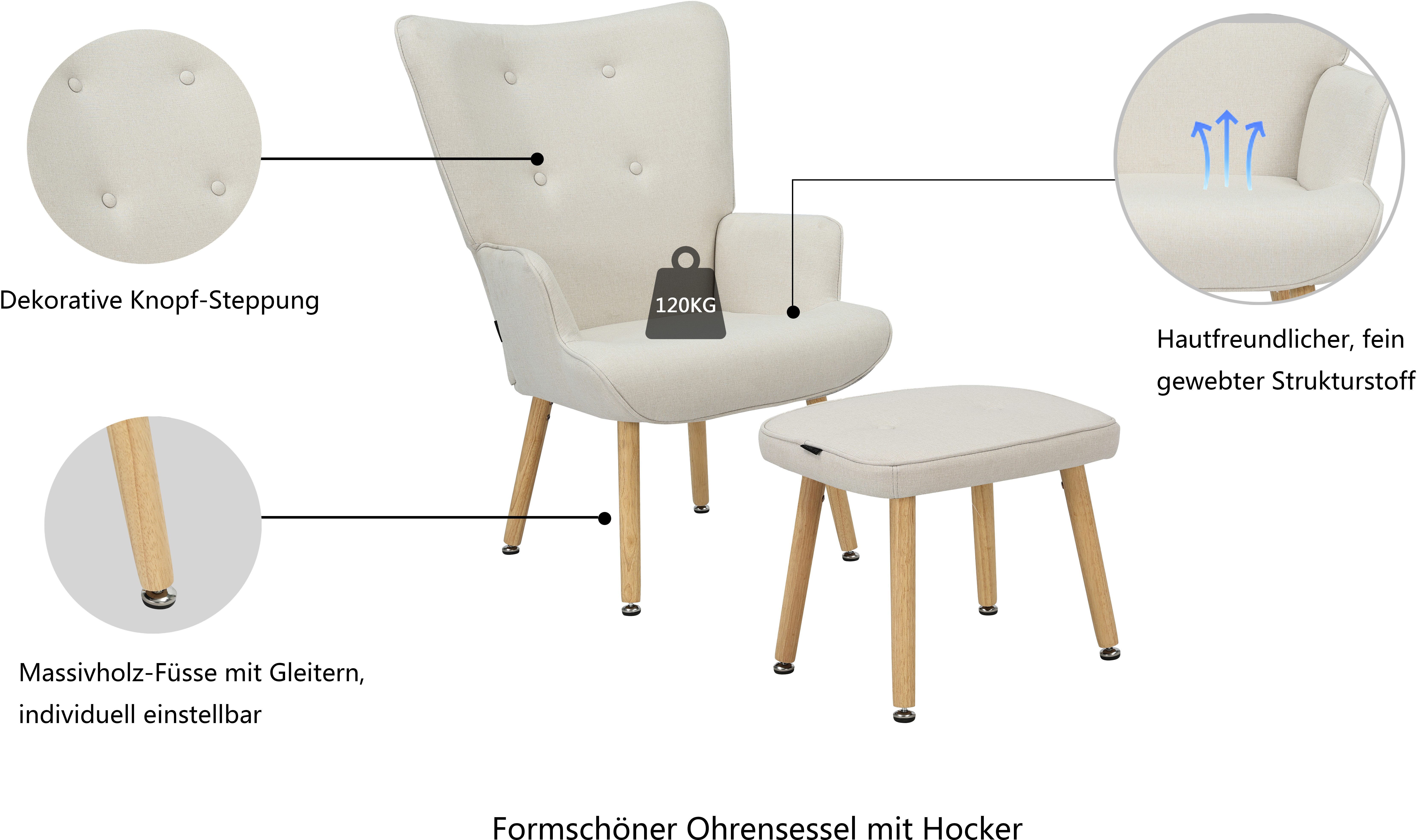 OTTO home Ohrensessel PERHAM, Sessel mit Hocker im Set, Knopfheftung, Massivholz-Füße, komfortabler Relaxsessel und Sitz-Hocker mit Strukturbezug