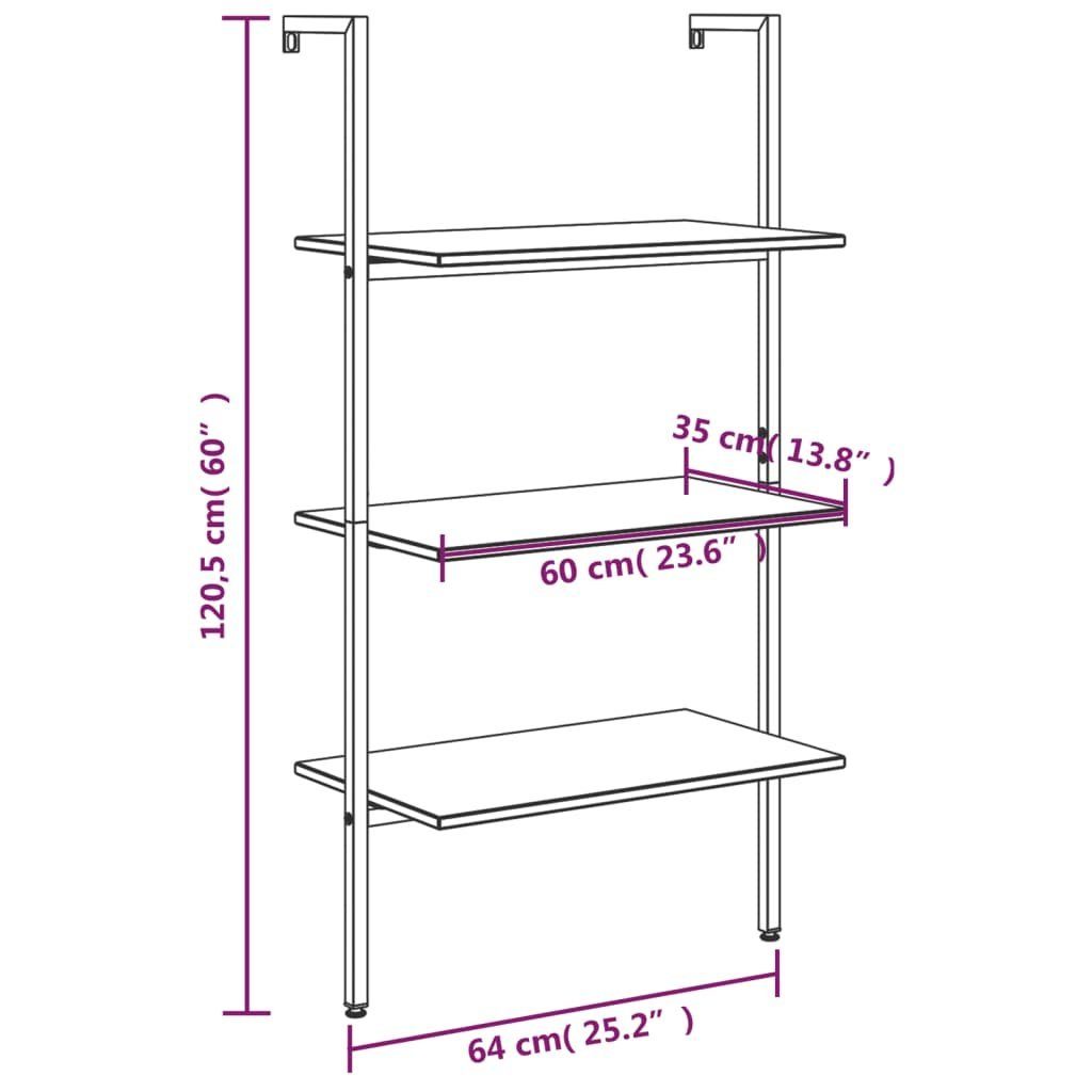 vidaXL Bücherregal mit Schwarz Leiterregal 64x35x120,5cm, Dunkelbraun und 3 Böden 1-tlg