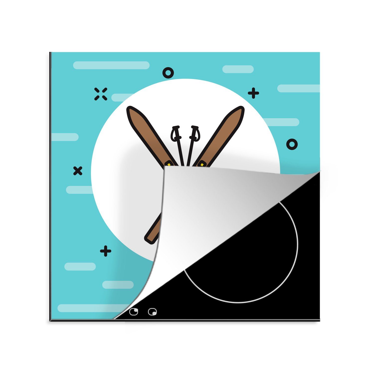 MuchoWow Herdblende-/Abdeckplatte Skier und Skistöcke als Symbol in einer Illustration, Vinyl, (1 tlg), 78x78 cm, Ceranfeldabdeckung, Arbeitsplatte für küche