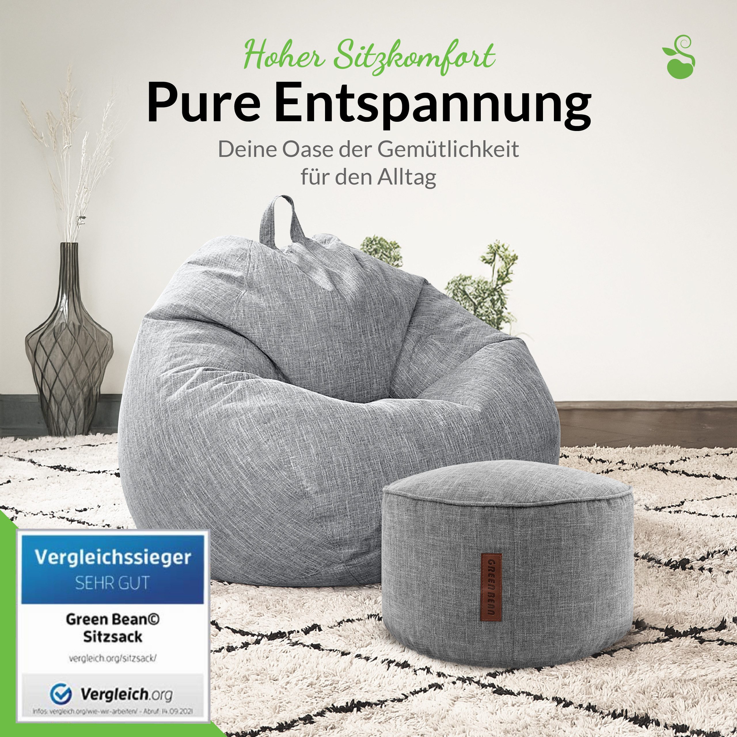 Green Bean Sitzsack Indoor Sitzsack L Home Linen + Hocker (2er Set Indoor Sitzsack 80x90x50cm + Sitzpouf 45x25cm mit EPS-Perlen Füllung -, Fußhocker Fußkissen S – Bild 5 von 5