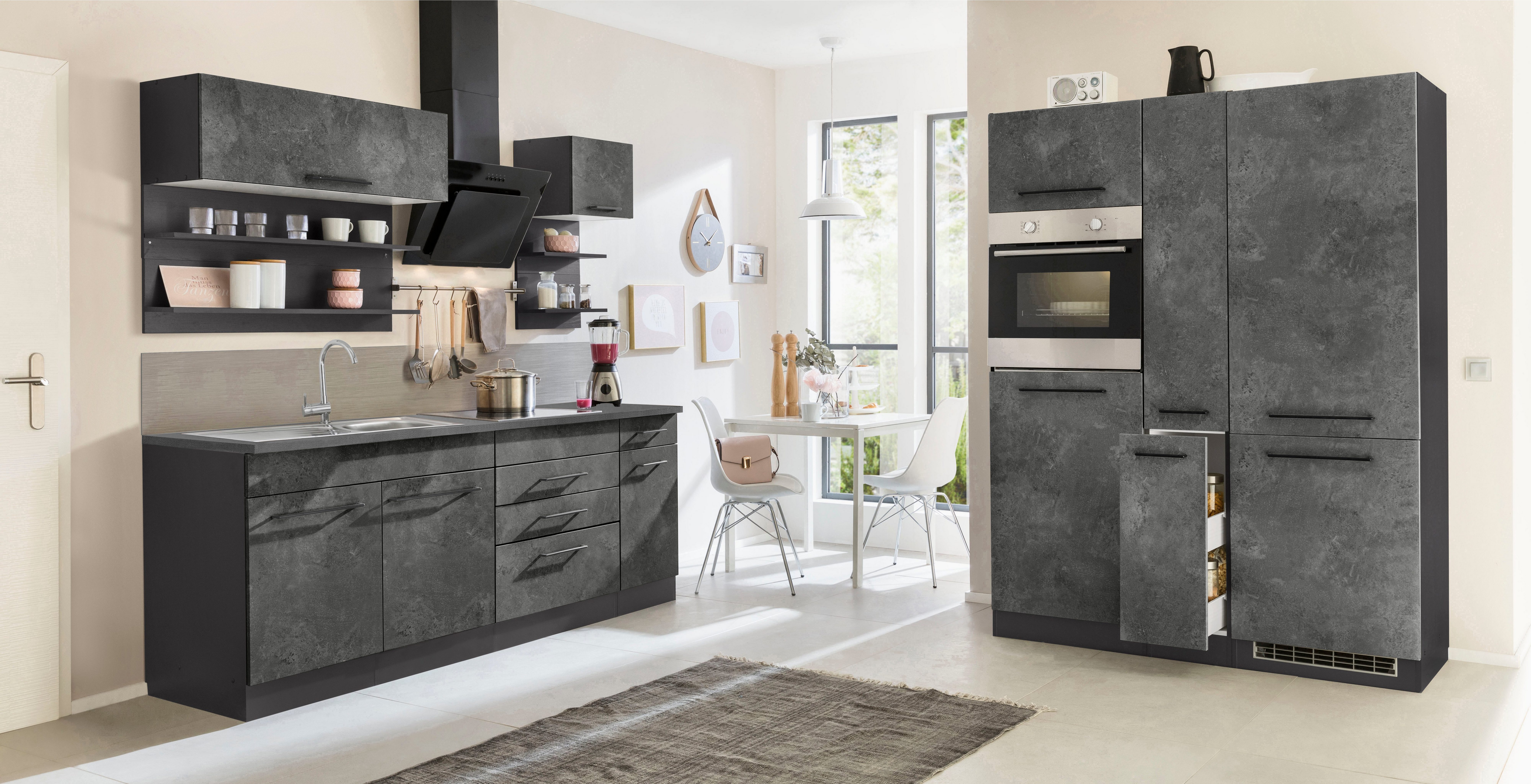 KOCHSTATION Küchenzeile KS-Tulsa, mit E-Geräten, Breite 360 cm, schwarze Metallgriffe, MDF Fronten