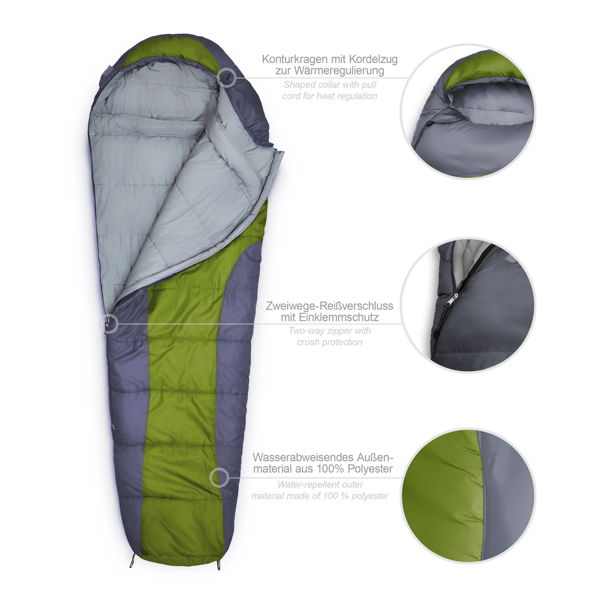 Mumienschlafsack Wärmekragen Tasche, mit Lumaland wasserabweisend 230x80x55 Camping Schlafsack hellgrün atmungsaktiv Tomorrow Where