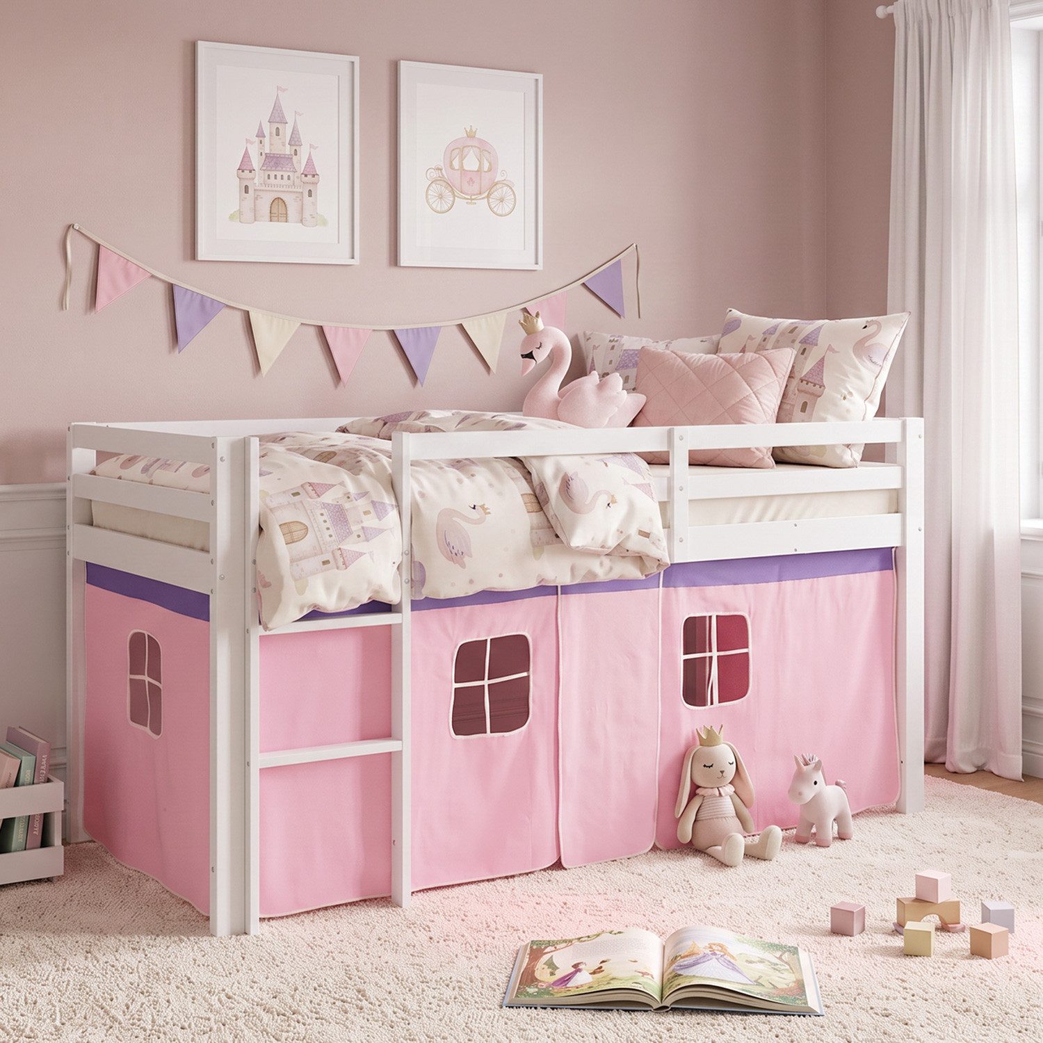 Homestyle4u Hochbett Kinder mit Rutsche mit / ohne Matratze 90x200 Rosa Mädchen (Set, mit Lattenrost) Kiefer, Jungen Mädchen