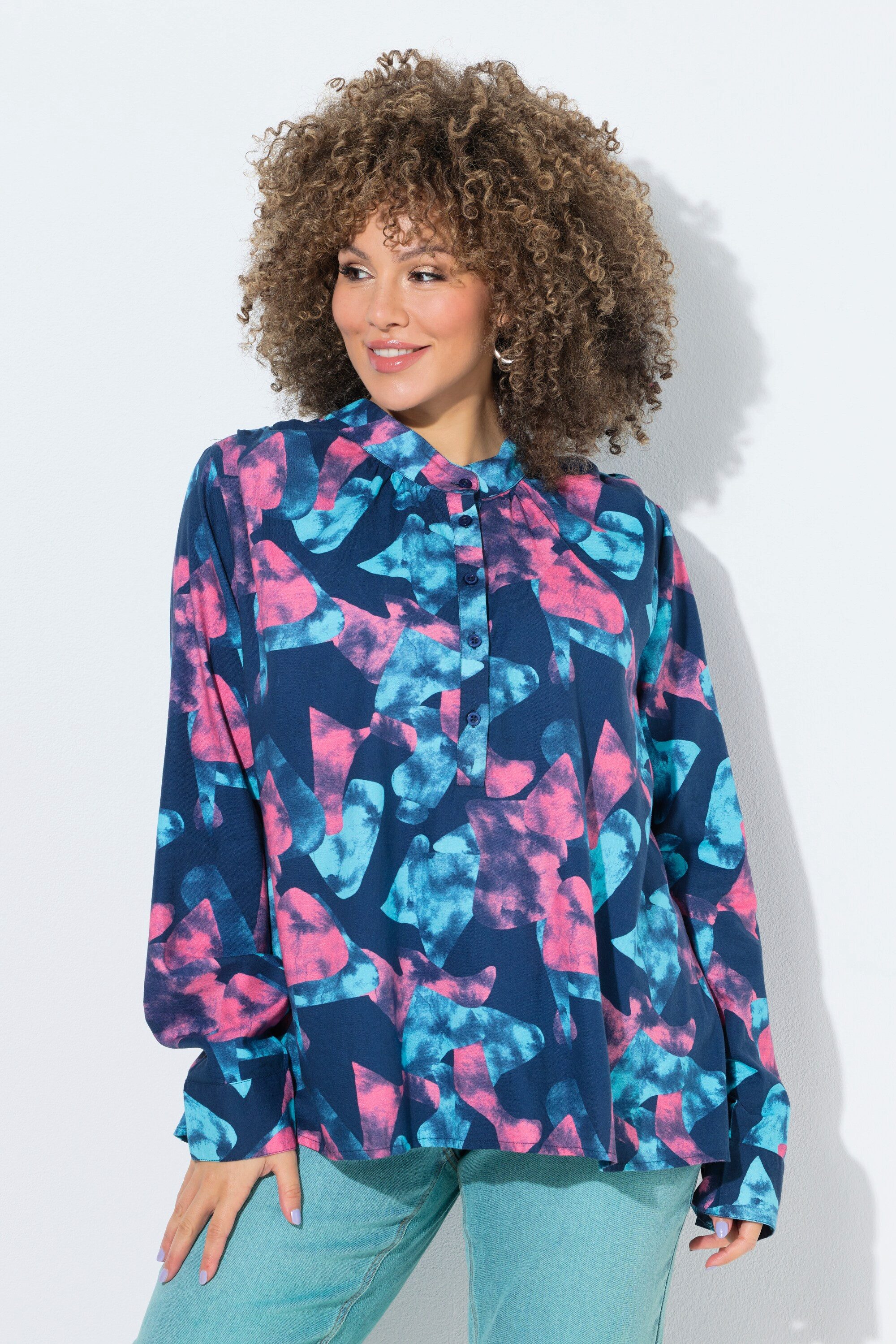 Longbluse Tunika grafischer Druck A-Linie Stehkragen Langarm
