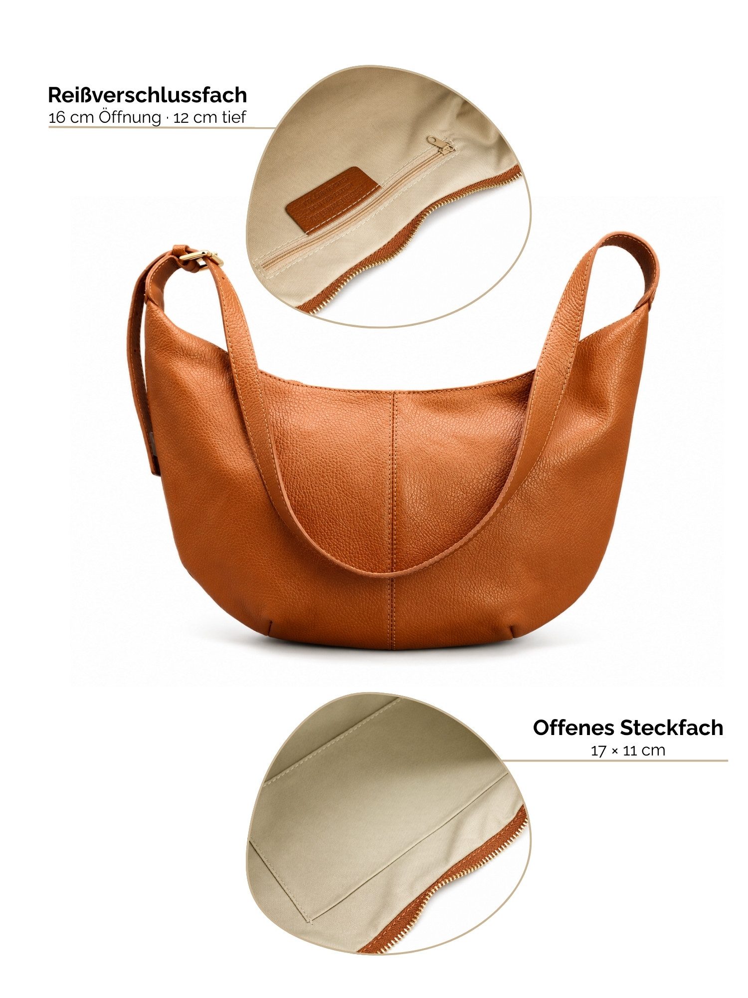 Adel Bags Schultertasche Lunara Echtleder Schultertasche Damen Hobo Bag Made in Italy (Einzelartikel), 100 % Echtleder Made in Italy mit verstellbarem Schulterr – Bild 5 von 5