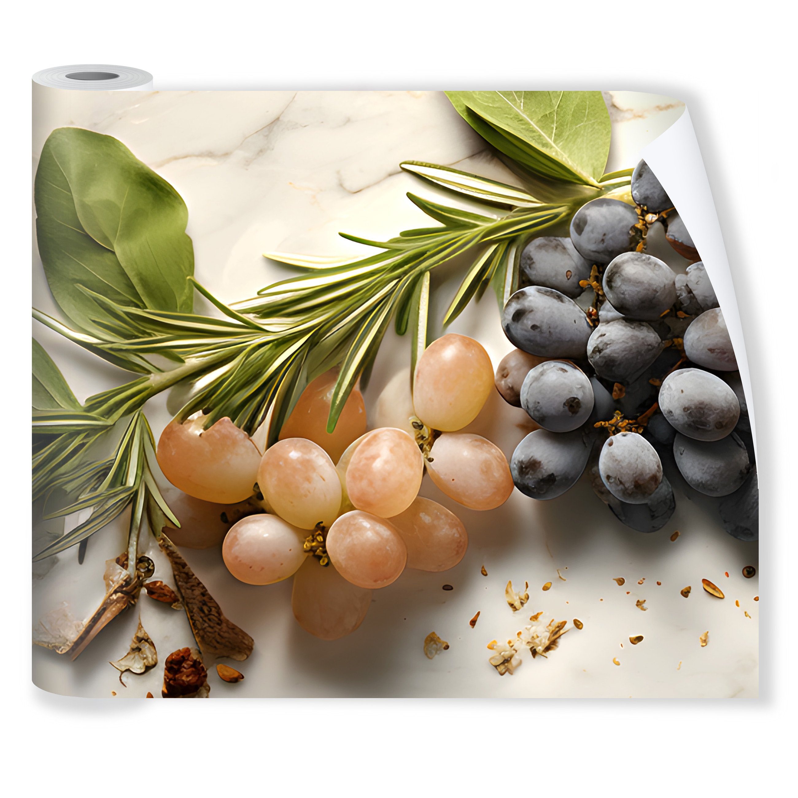 Wallarena Fototapete Küche Obst Zitronen Marmor Vlies Tapete Wandtapete 250x60 cm, Glatt Vlies, Abwaschbares Vlies, Weintrauben, Modern, Stein, Tapete inklusive Kleister Vliestapete Motivtapete Laminiert Waschbar