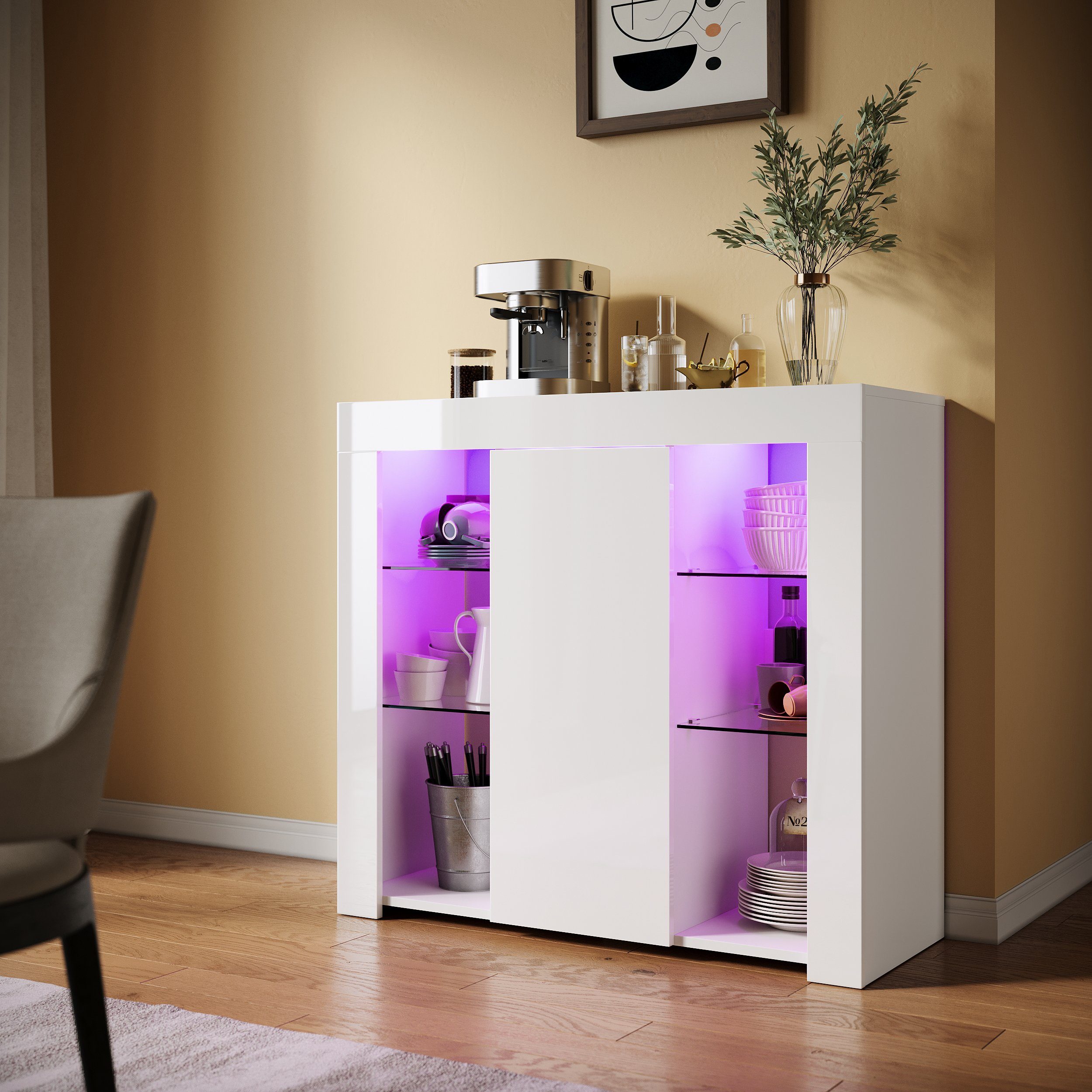 SONNI Sideboard mit LED Beleuchtung 90x35x83cm Weiß/Schwarz Hochglanz, mit Schranktür und 4 glas Einlegeböden – Bild 4 von 5