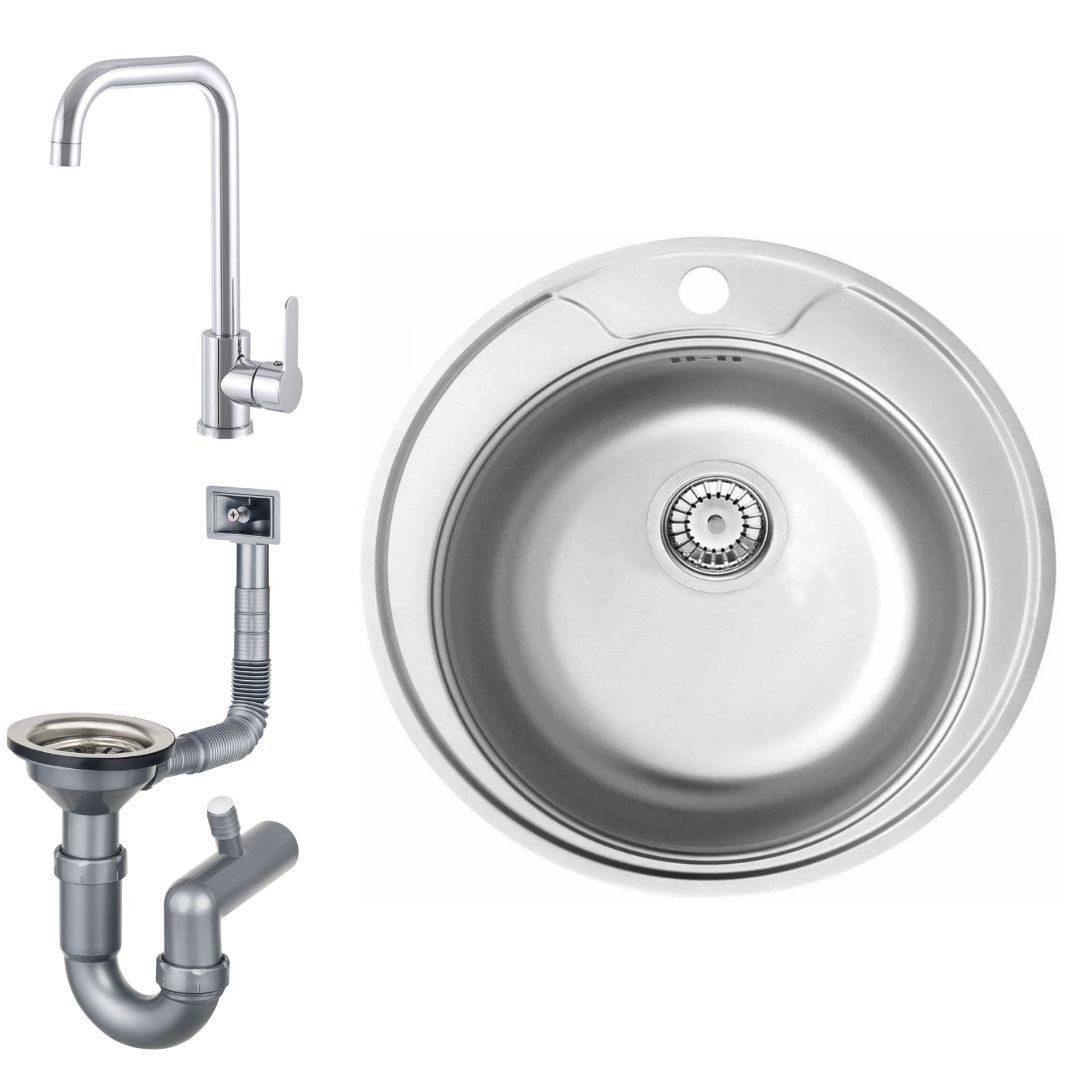 Faizee Möbel Edelstahlspüle Edelstahl Küchenspüle rund Spüle 51 cm Einbauspüle Spüle mit Zubehör, Rund mit Armtatur Steel