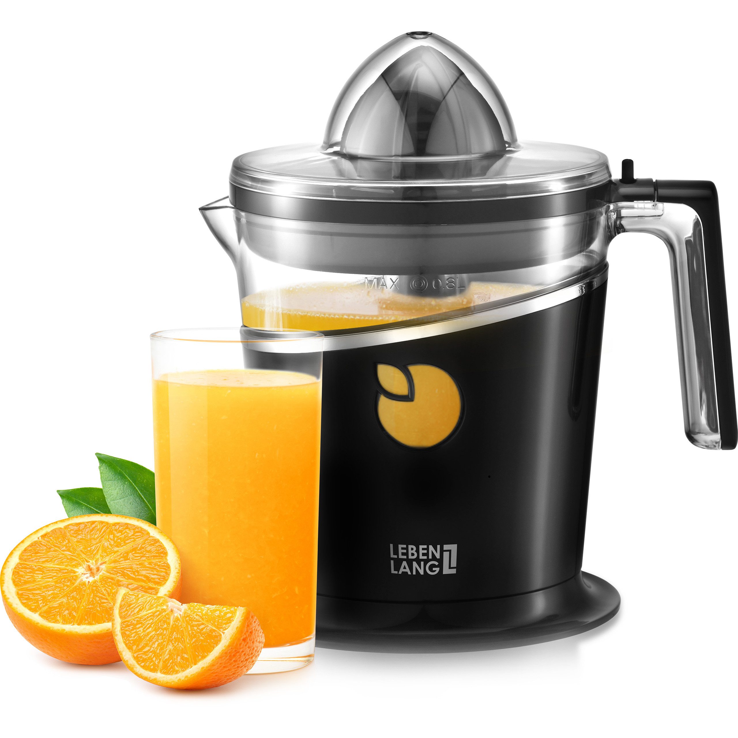 Lebenlang Zitruspresse elektrische Saftpresse mit 800ml Fassungsvermögen -Zitronen&Orangen, 40 W, BPA-Frei - Einstellbare Fruchtfleischkontrolle - Edles Design