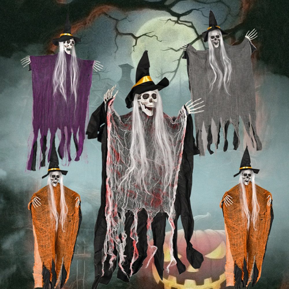 Coonoor Dekofigur Helloween Skelett Deko Tür, Totenkopf Ghosts Hängedeko, für Halloween Draußen Garten