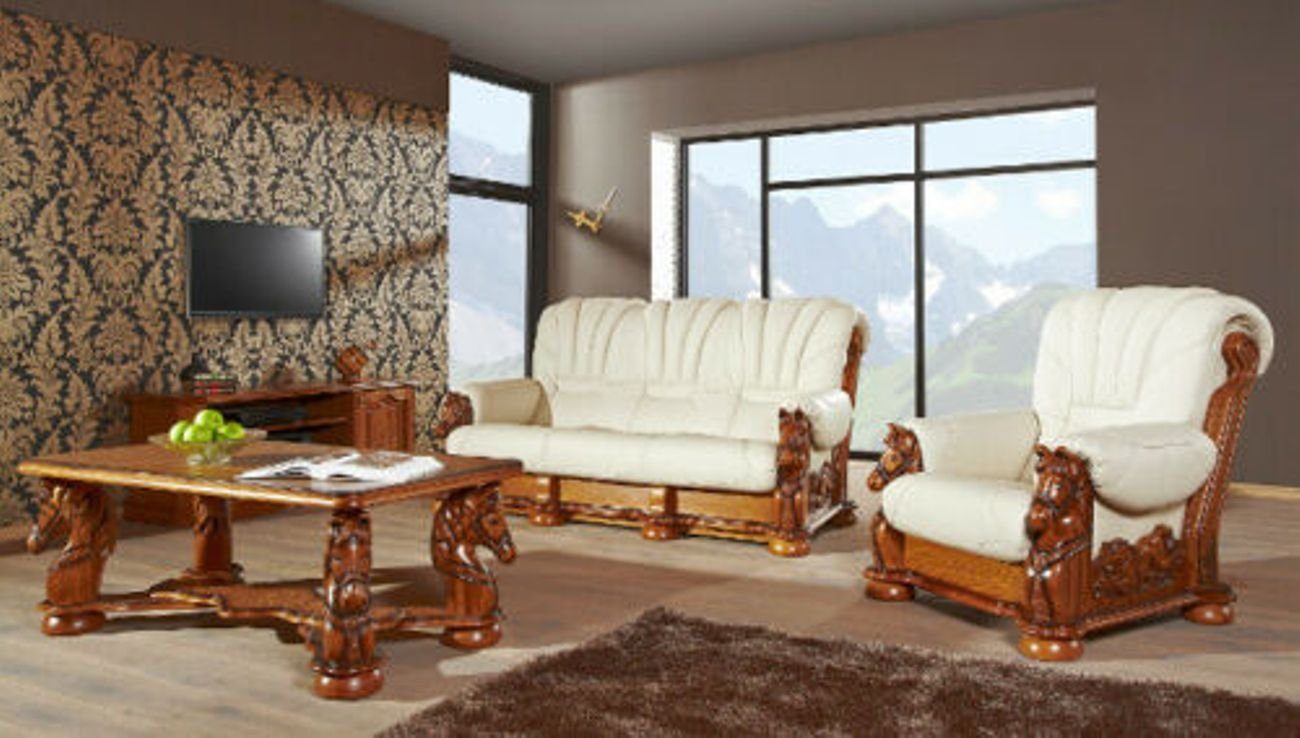 JVmoebel Sofa Klassische Sofagarnitur Couch Polster Sitz Garnitur Sofa Leder Holz, Made in Europe