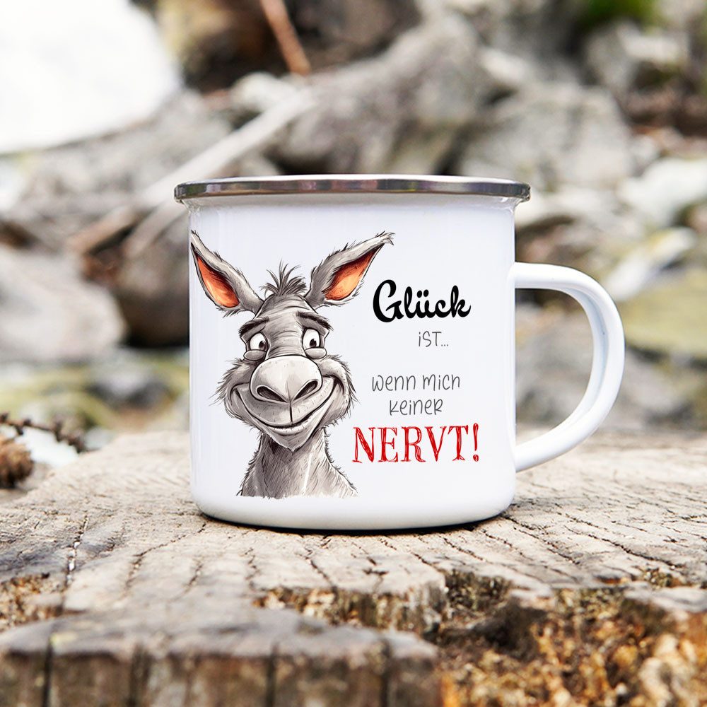 Cadouri Tasse Emaille Tasse GLÜCK IST... Kaffeetasse, Metall, Outdoortasse, Campingbecher Edelstahl, handgefertigt, Geschenk, 300 ml