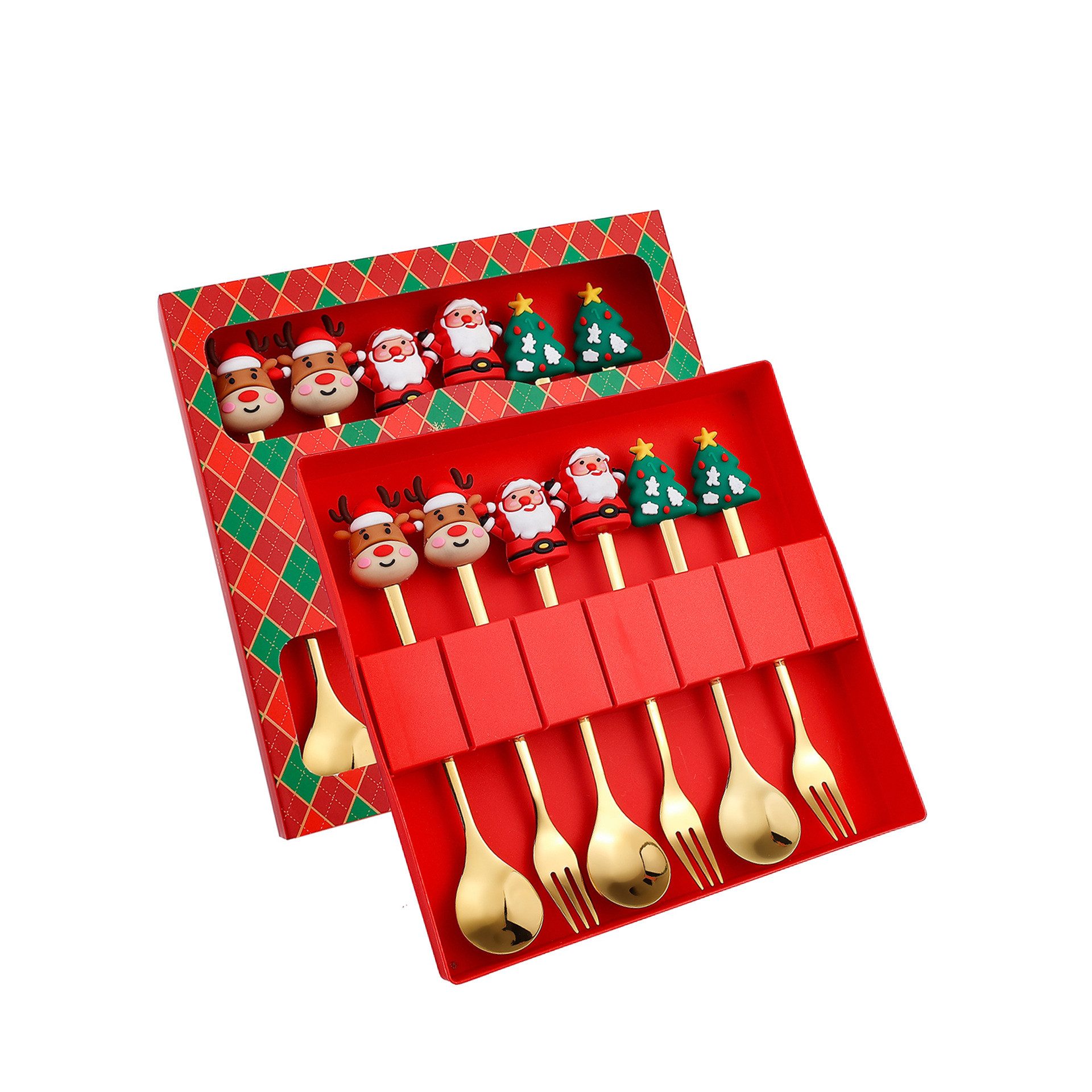 Coonoor Geschirr-Set 6 Stück Weihnachtslöffel Weihnachten Edelstahl Dessert Teelöffel, mit Weihnachtsanhänger Weihnachtsbaum Elchhut Glocken