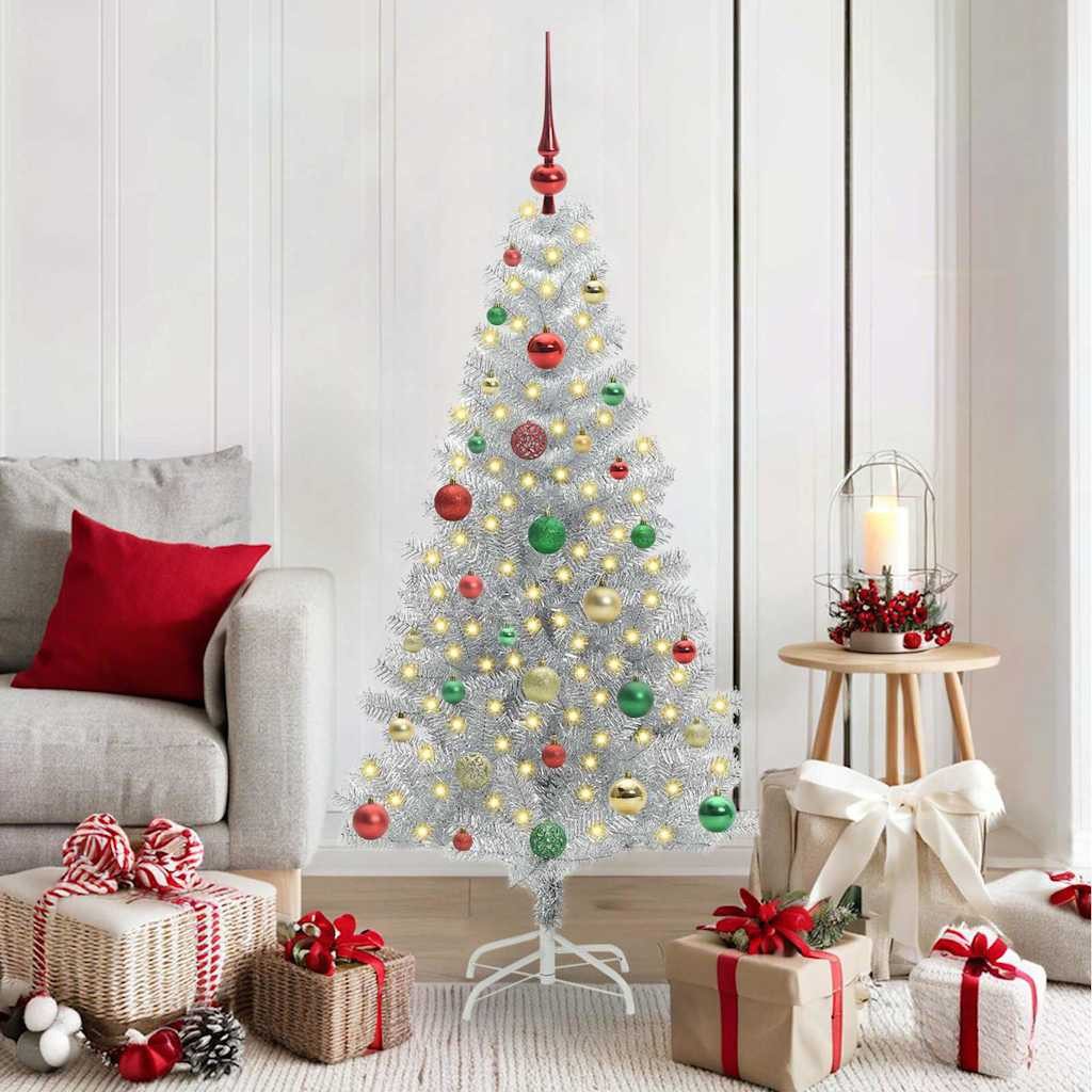 vidaXL Künstlicher Weihnachtsbaum, Weihnachtsbaum mit 150 LEDs mit Ständer Silber 150 cm PET