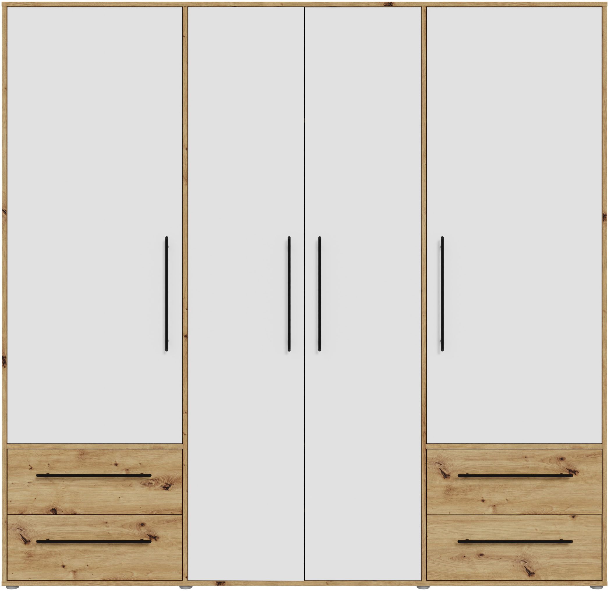FORTE Kleiderschrank Mokkaris, Garderobe, zeitloses Design, 4 Türen, Made in Europe (B/H/T ca. 206x200x59cm) 4 Schubladen + schwarze Stangengriffe, Made in Euro – Bild 3 von 5