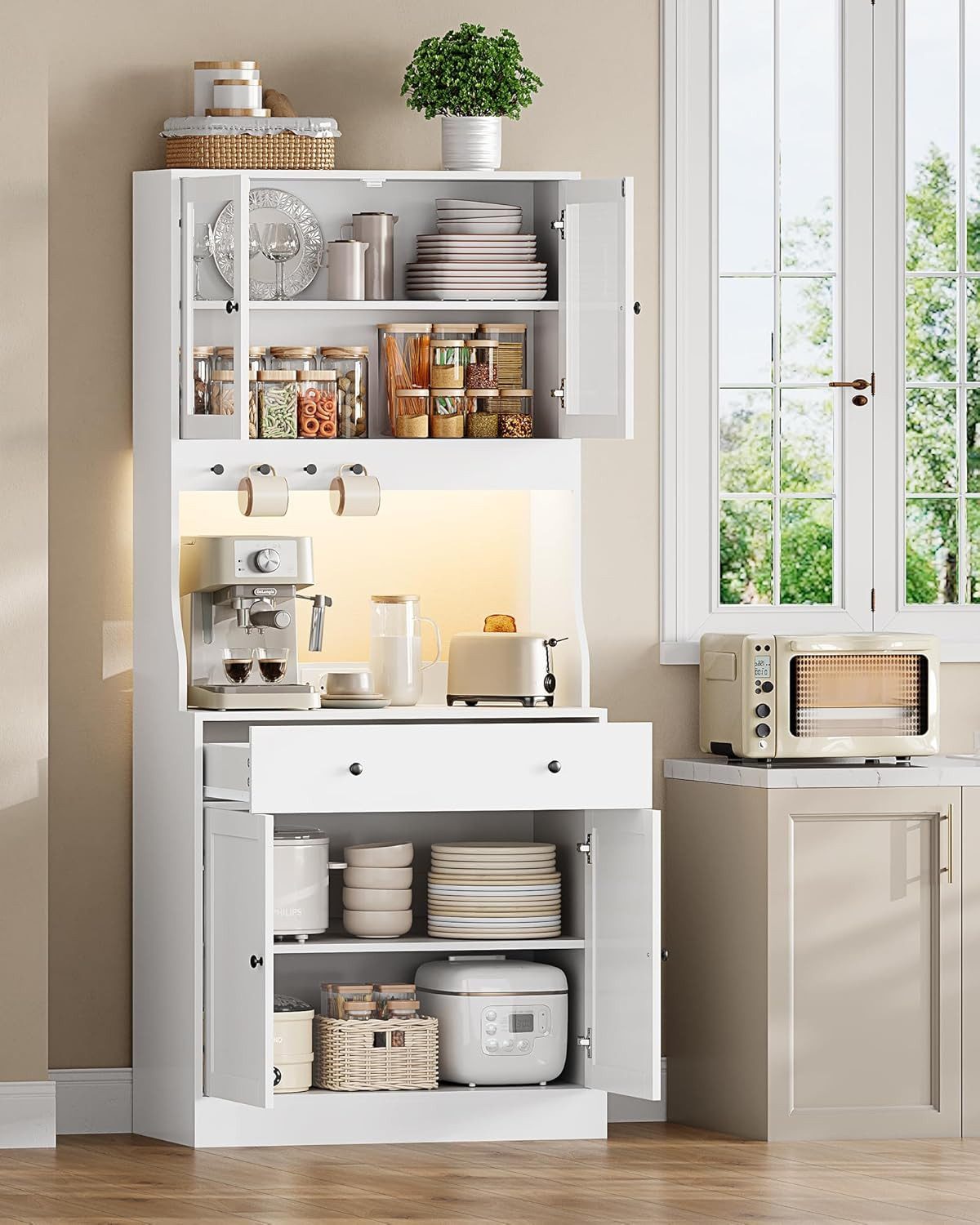 MSMASK Küchenbuffet Küchenschrank, Buffetschrank Hochschrank mit Schublade und LED, Weiß