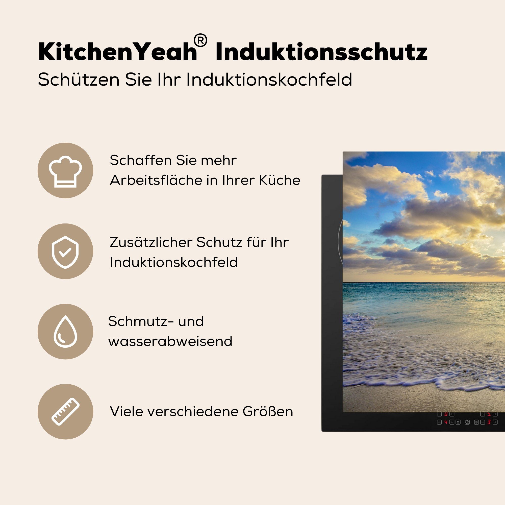 Ceranfeldabdeckung 81x52 Vinyl, MuchoWow küche, Schutz Meer cm, - - Strand Sonne, Wolken Herdblende-/Abdeckplatte die - (1 Induktionskochfeld tlg), für