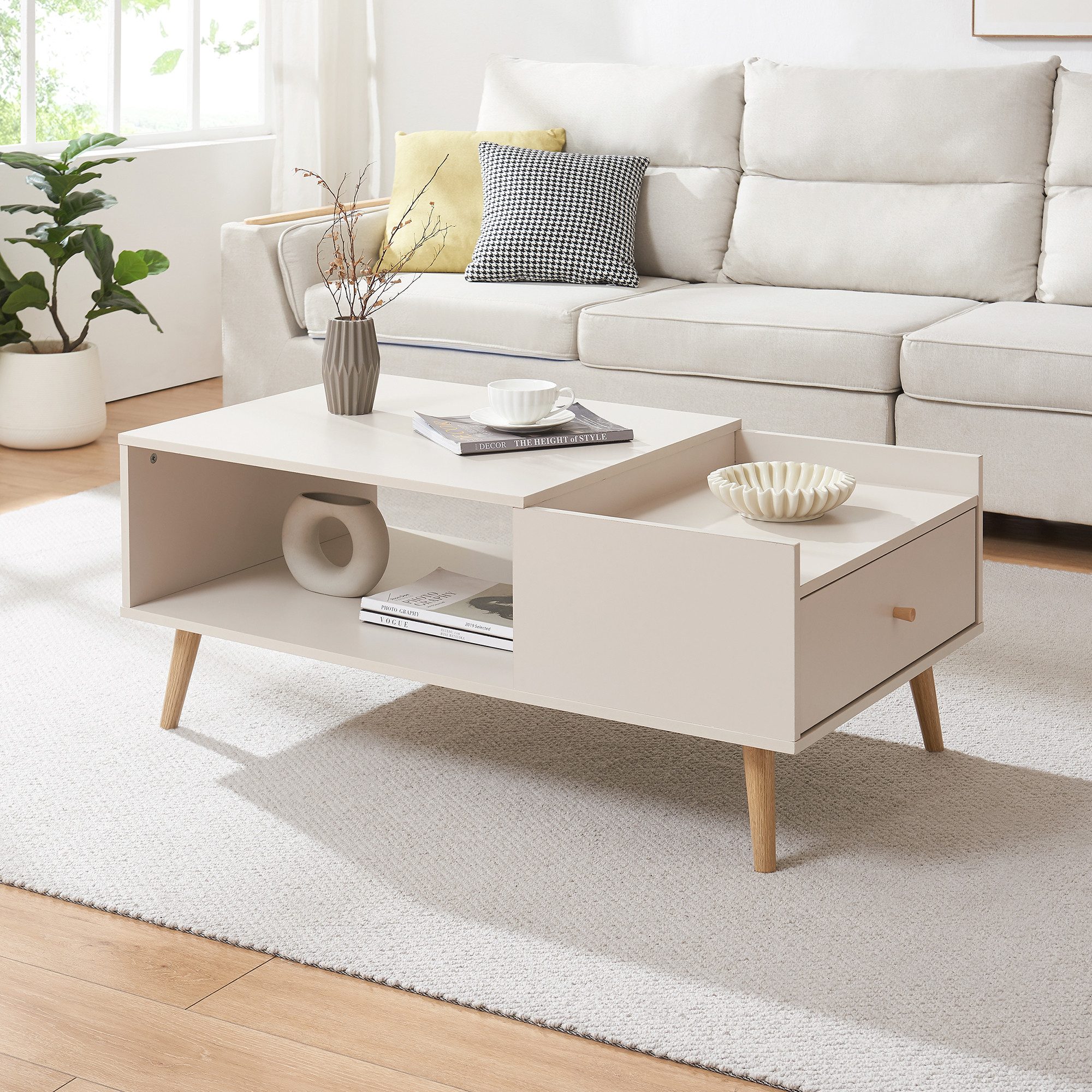 en.casa Couchtisch, »Hallevil« mit Schublade 106 x 59 x 44 cm Weiß günstig online kaufen