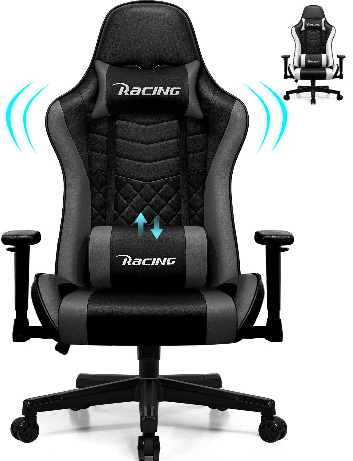 Hiazurm Gaming-Stuhl Gaming Stuhl, Bürostuhl Ergonomisch, Gaming Chair (Ergonomischer Gamer Stuhl mit Wippfunktion, bis 150 kg Belastbarkeit), Gaming Stuhl Bürostuhl mit Verstellbare Armlehnen, Kopfstütze