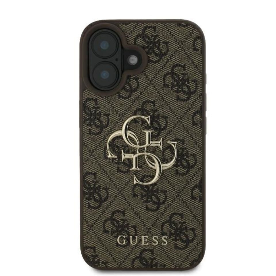 Guess Handyhülle iPhone 16 Kunstleder braun Big Logo goldfarbig 6,1 Zoll, Kantenschutz