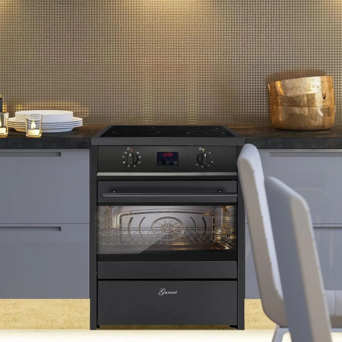 GURARI Induktions-Standherd Schwarz Induktionsherd Freistehend mit 4 Boosterkochzonen GCH E 612 BL Standherd 60 cm Induktionskochfeld, mit 1-fach-Teleskopauszug, Easy Clean Emaille, mit 4 Boosterkochzonen