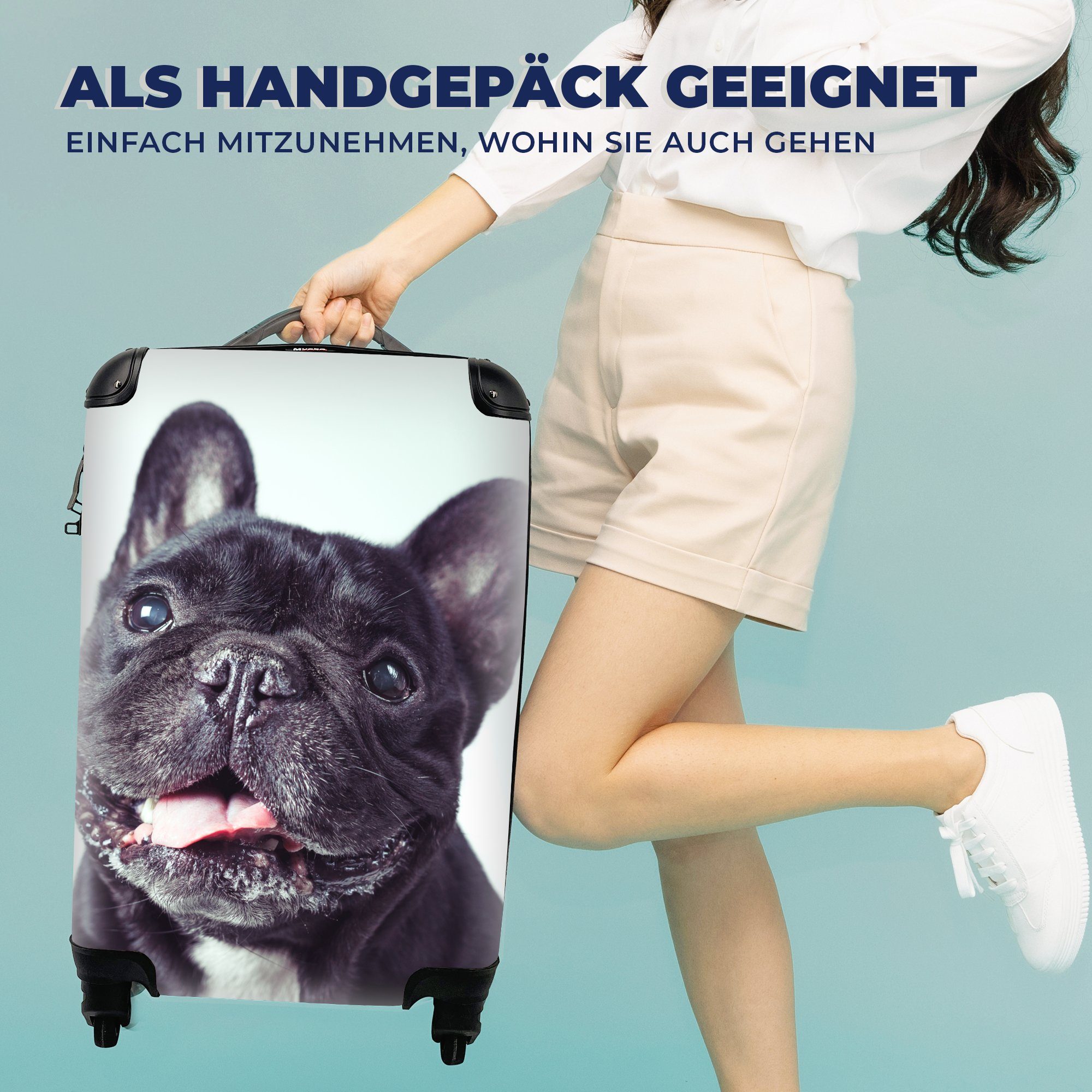 Rollen, Bulldogge Trolley, Französische - Handgepäckkoffer Reisekoffer Reisetasche 4 für Stuhl, - Handgepäck Ferien, mit rollen, Schwarz MuchoWow