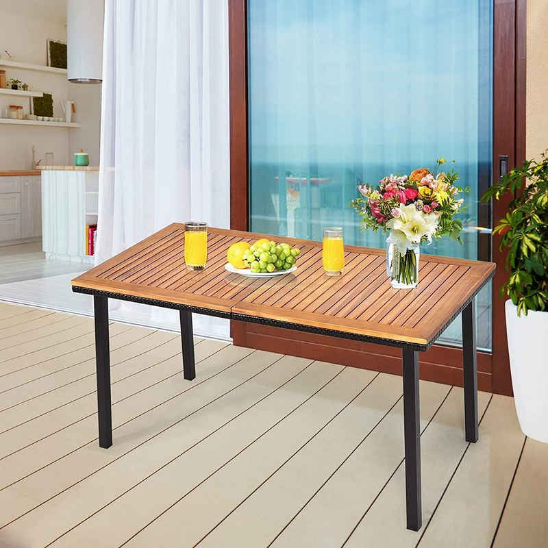 KOMFOTTEU Gartentisch mit Schirmloch, Holztischplatte aus Akazienholz, 140x75x76cm, 50kg belastbar